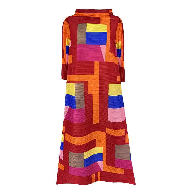 Miyake Pleated Geometric Print Long Dress