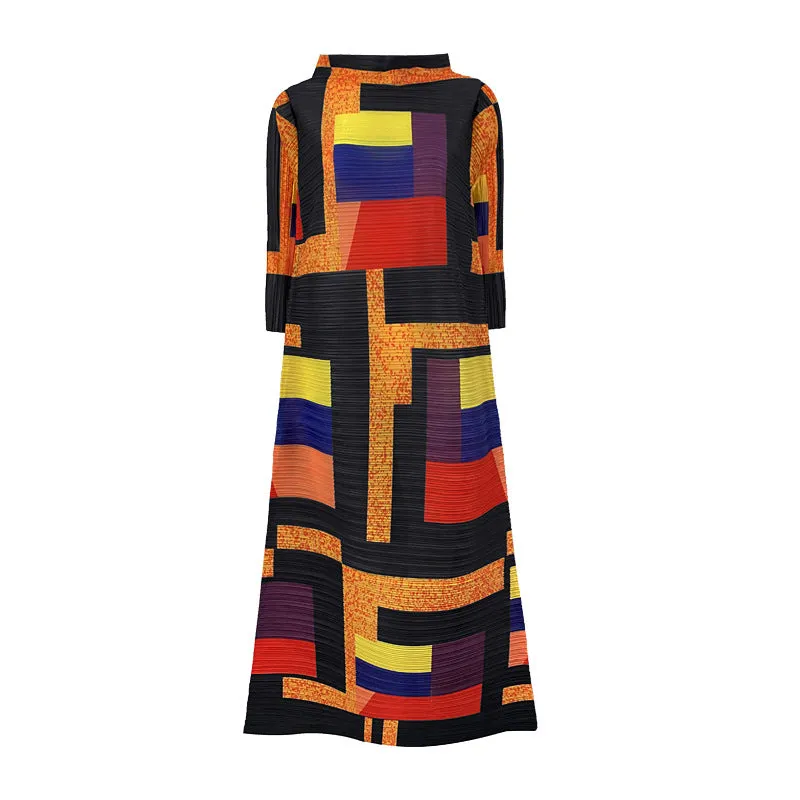 Miyake Pleated Geometric Print Long Dress