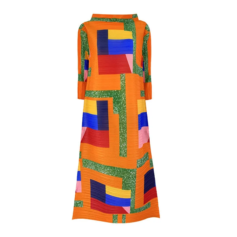 Miyake Pleated Geometric Print Long Dress