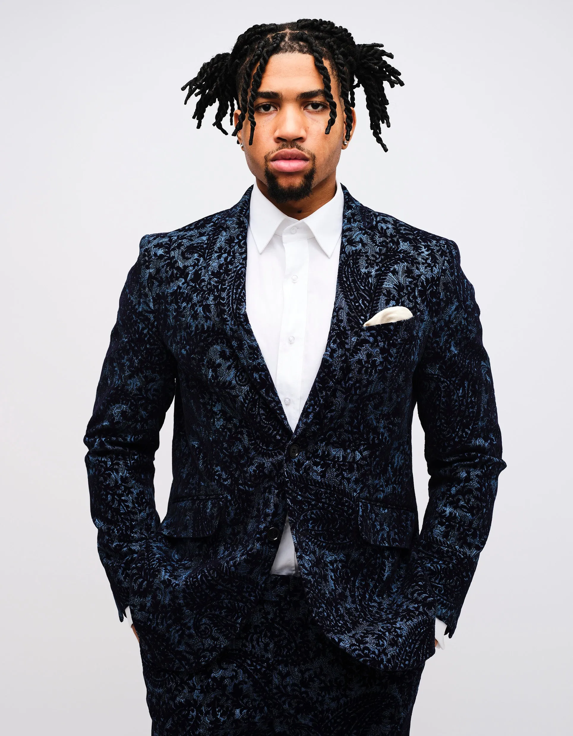 Navy Flocked Paisley Denim 2 Piece Suit GOLD COLLECTION