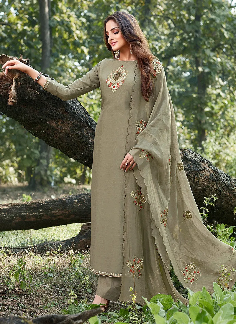 Olive Green Embroidered Cotton Silk Pants Style Suit