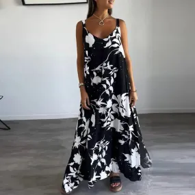 Pattern Printed Holiday Long Sexy Lady V-neck Hollow Sleeveless Loose Fashion Boho Spaghetti Strap Floral Elegant Dress