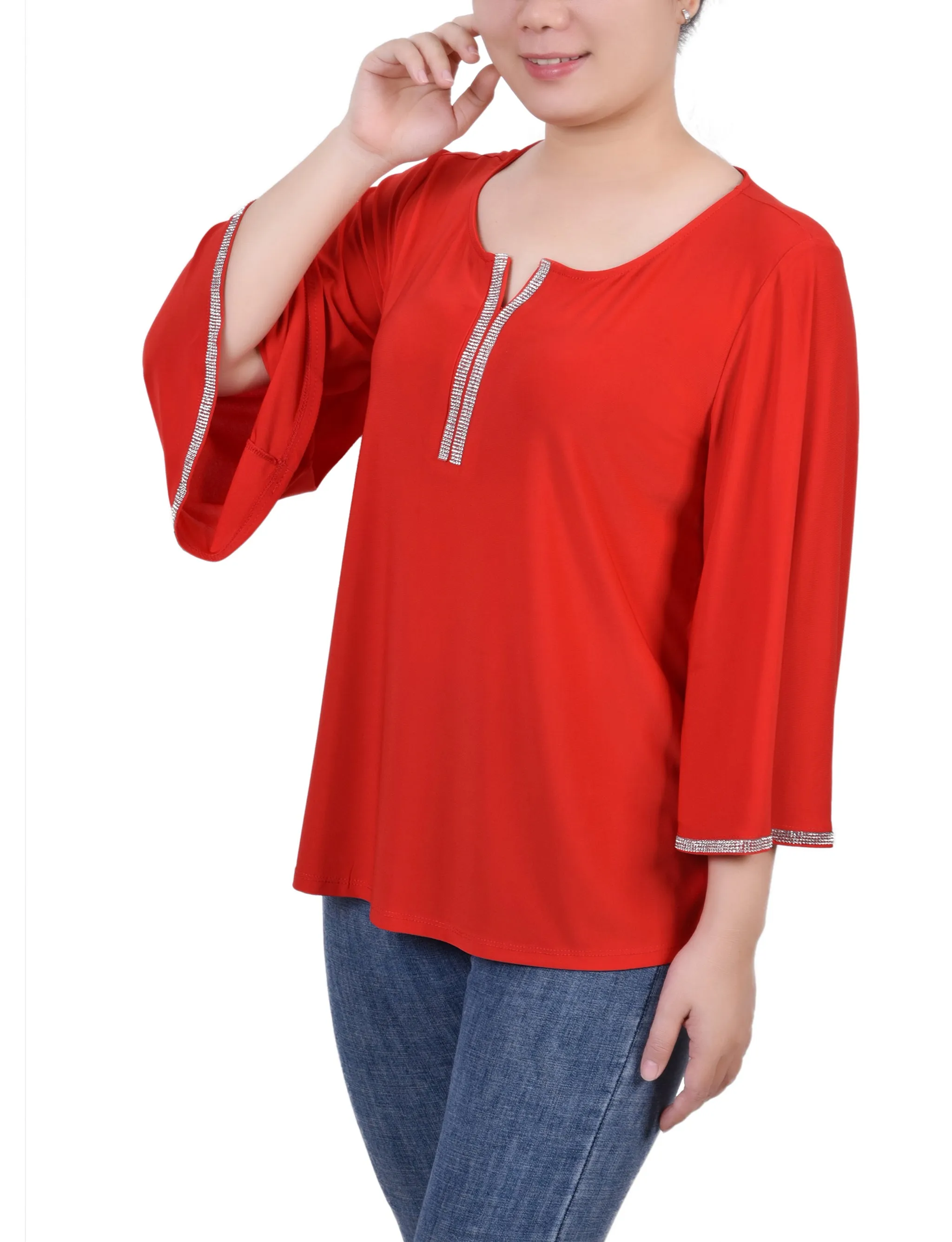 Petite 3/4 Bell Sleeve Top With Stones