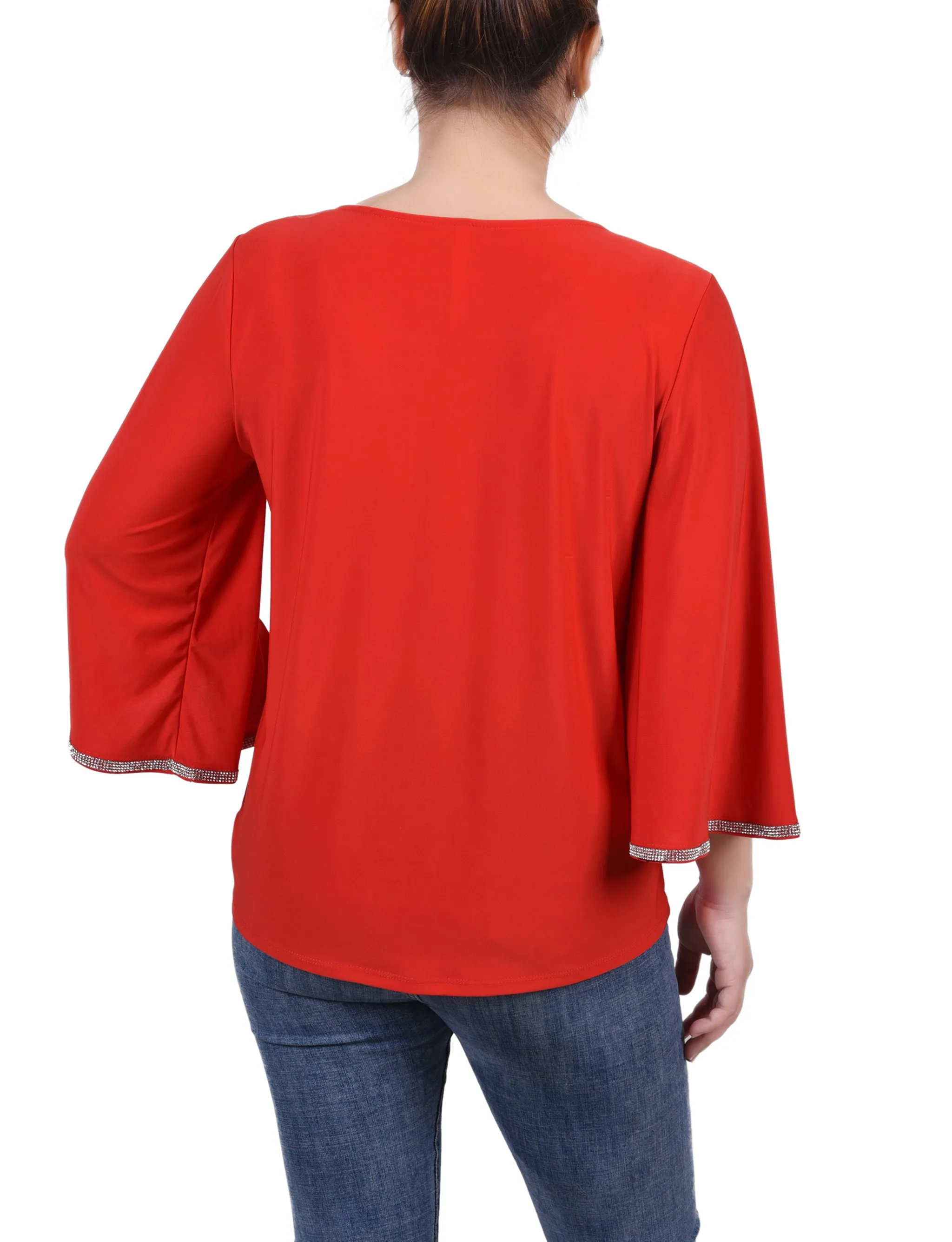 Petite 3/4 Bell Sleeve Top With Stones