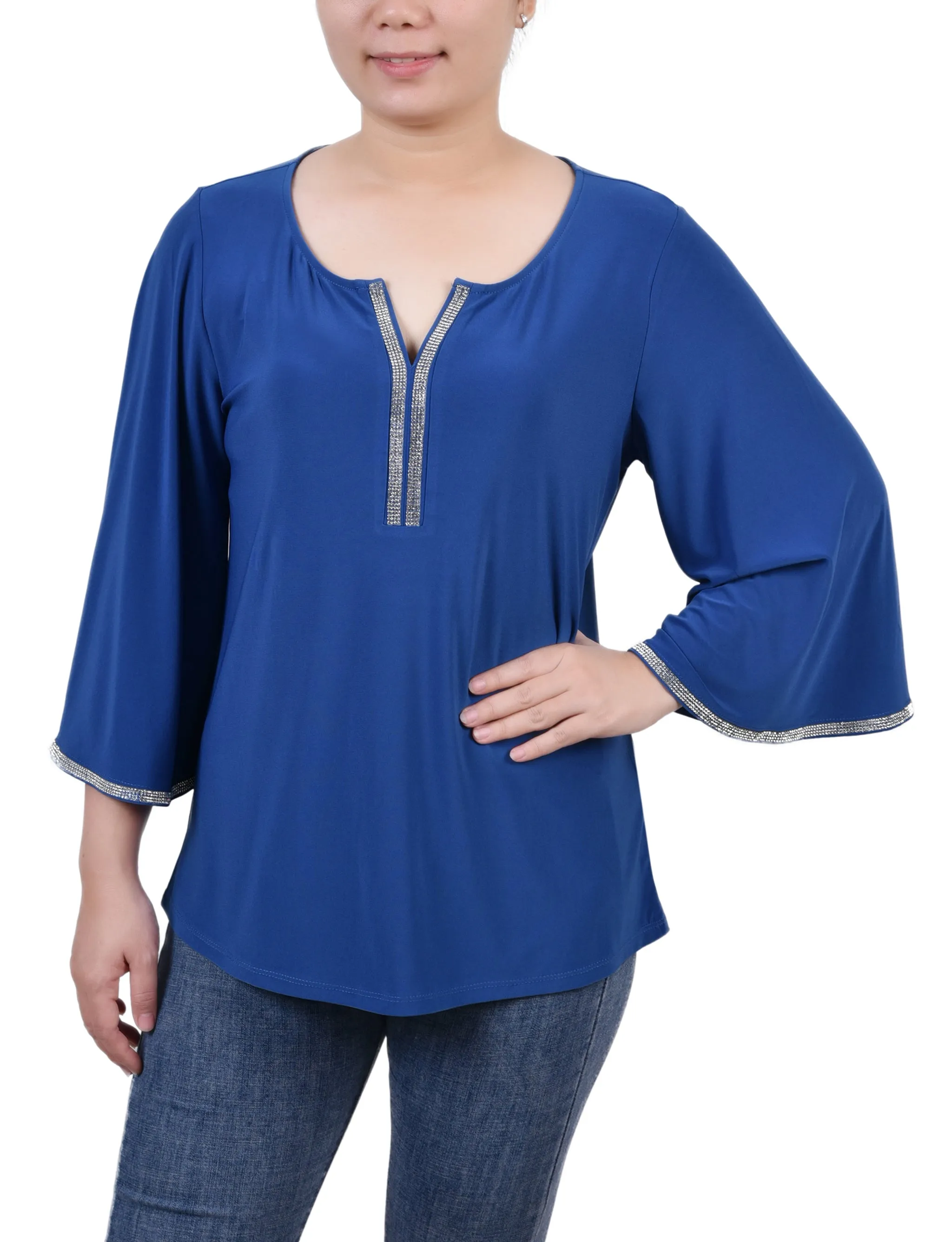 Petite 3/4 Bell Sleeve Top With Stones