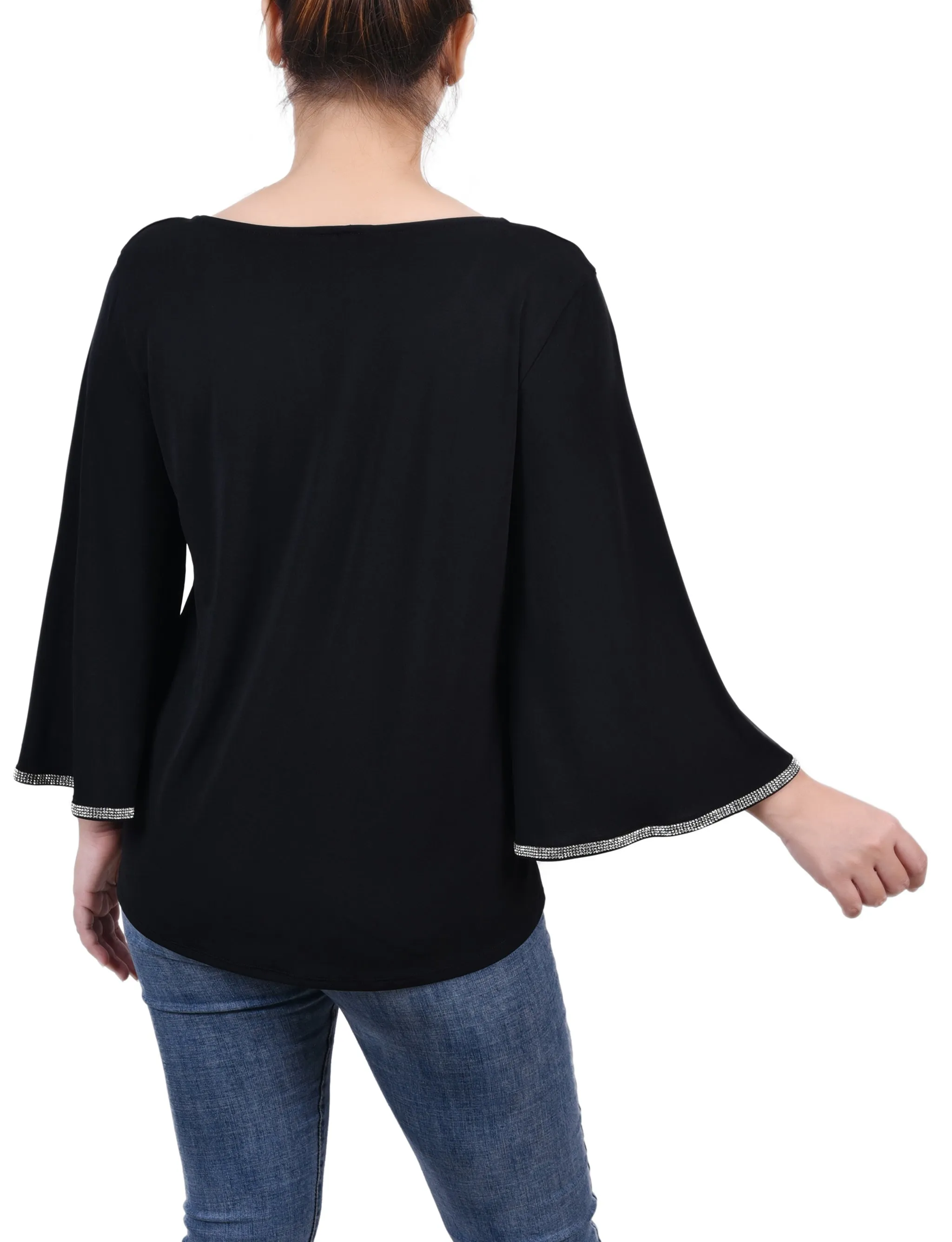 Petite 3/4 Bell Sleeve Top With Stones