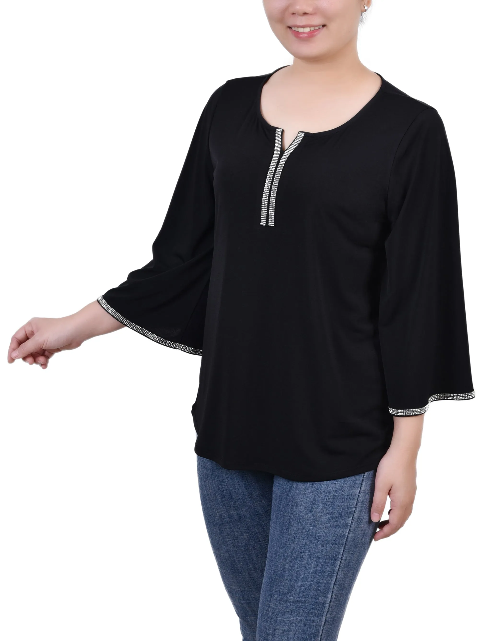 Petite 3/4 Bell Sleeve Top With Stones