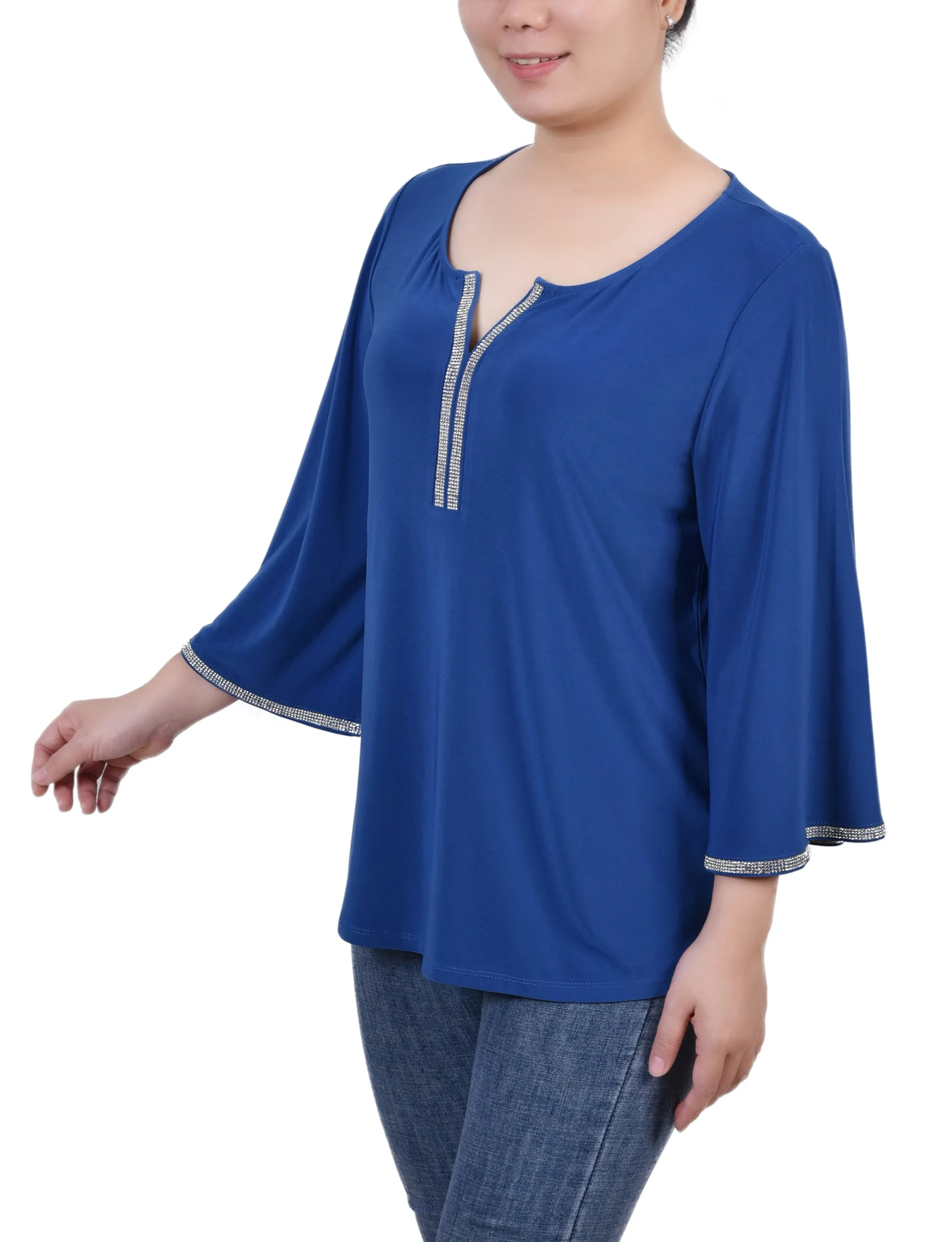 Petite 3/4 Bell Sleeve Top With Stones