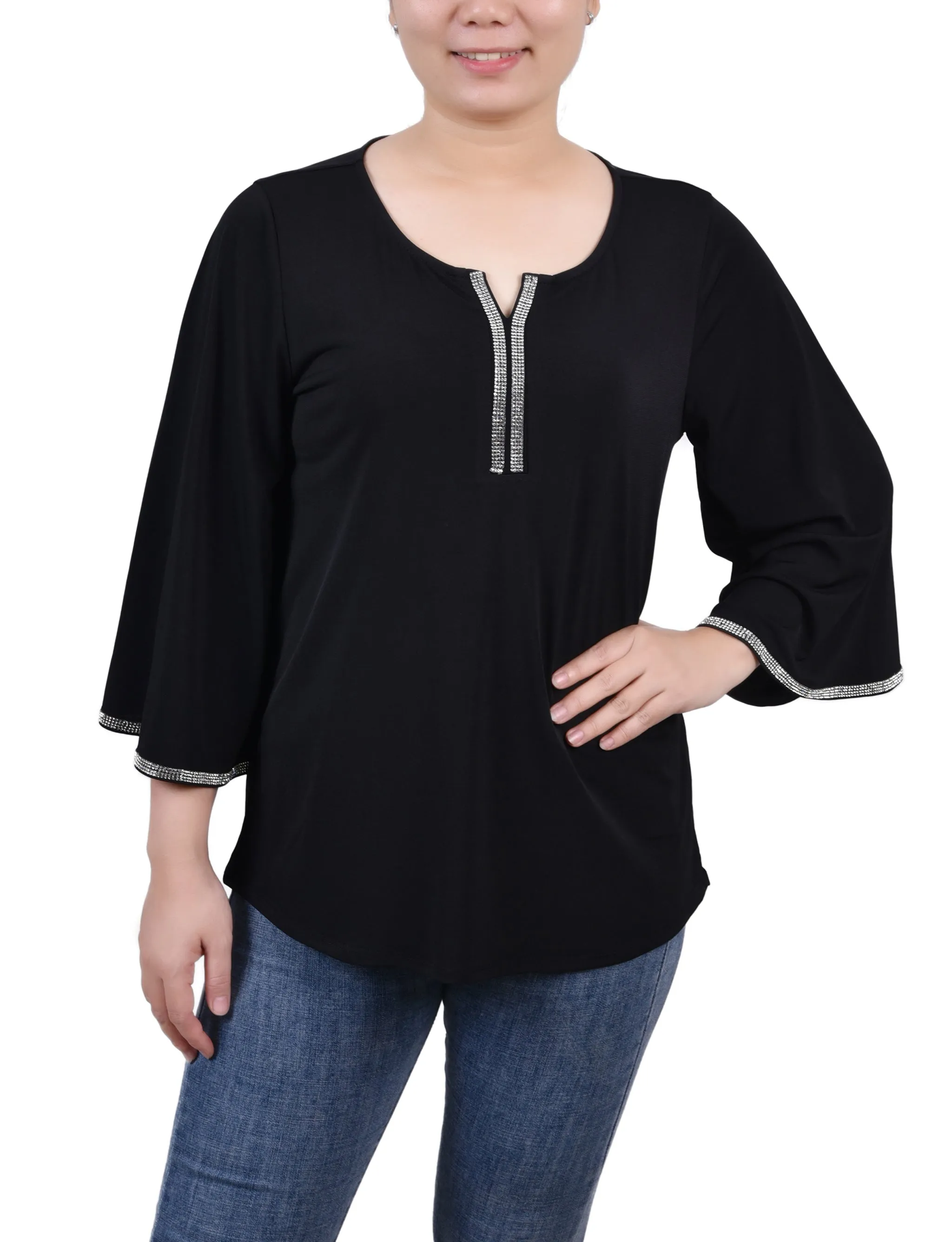 Petite 3/4 Bell Sleeve Top With Stones