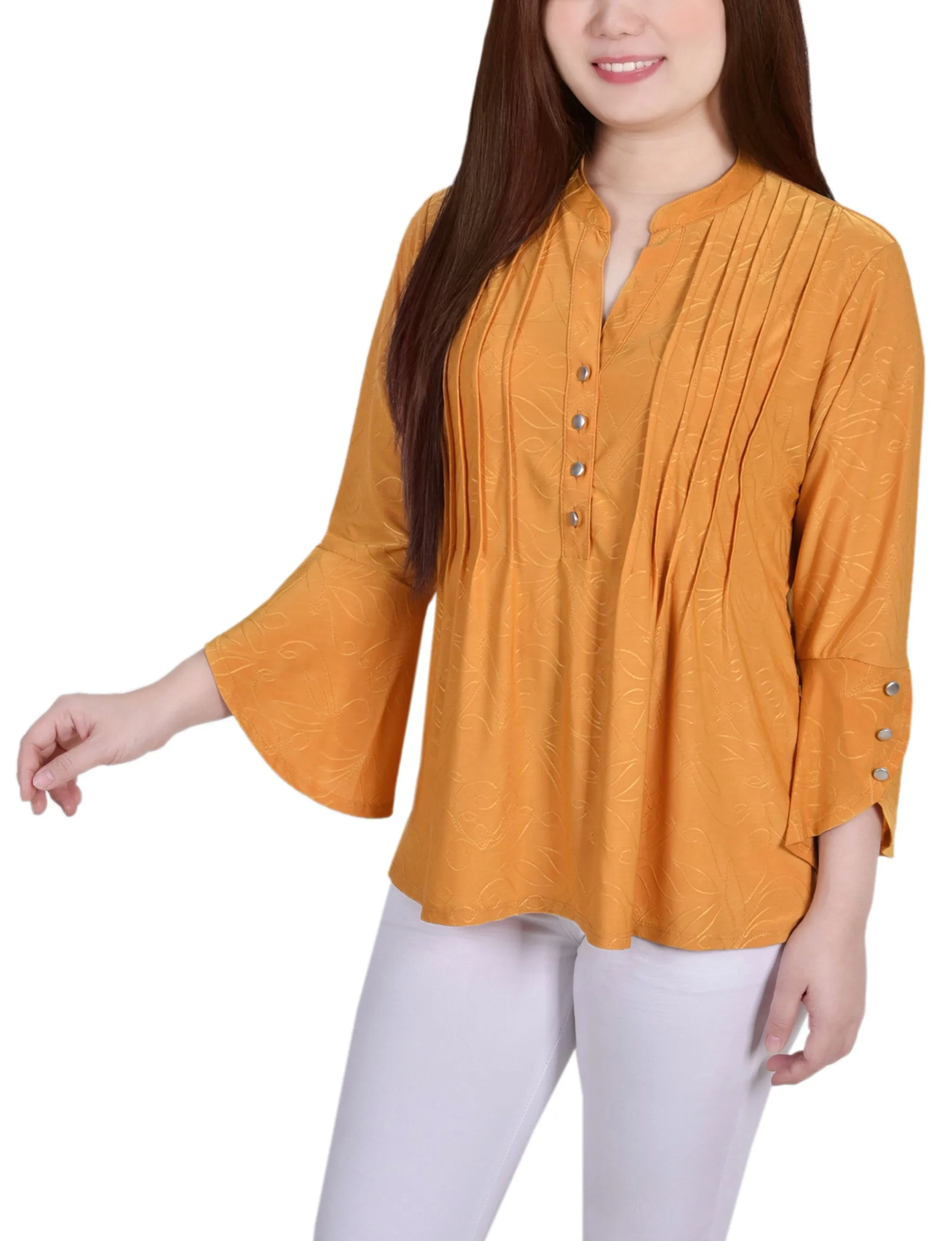 Petite 3/4 Sleeve Overlapped Bell Sleeve Y Neck Top