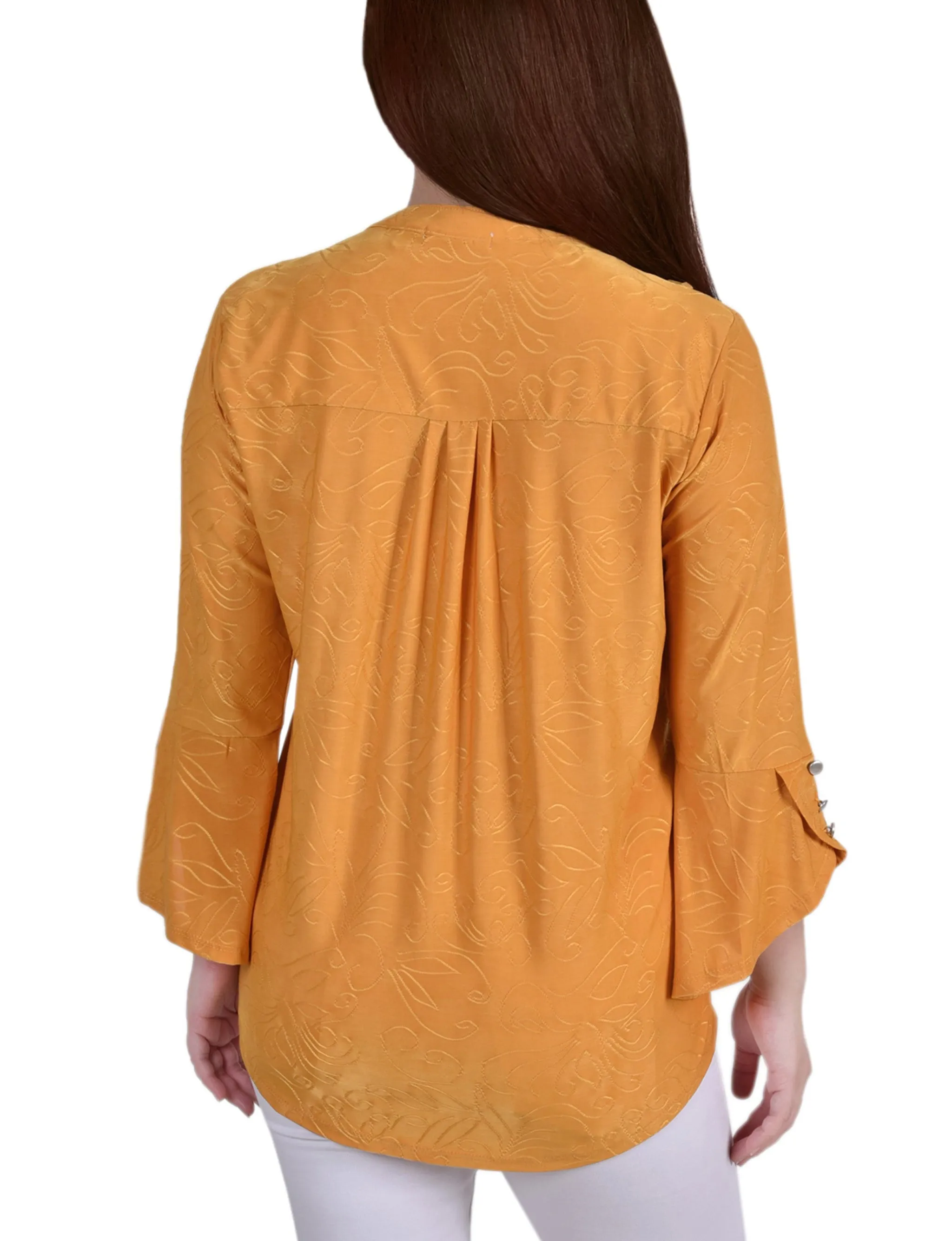 Petite 3/4 Sleeve Overlapped Bell Sleeve Y Neck Top