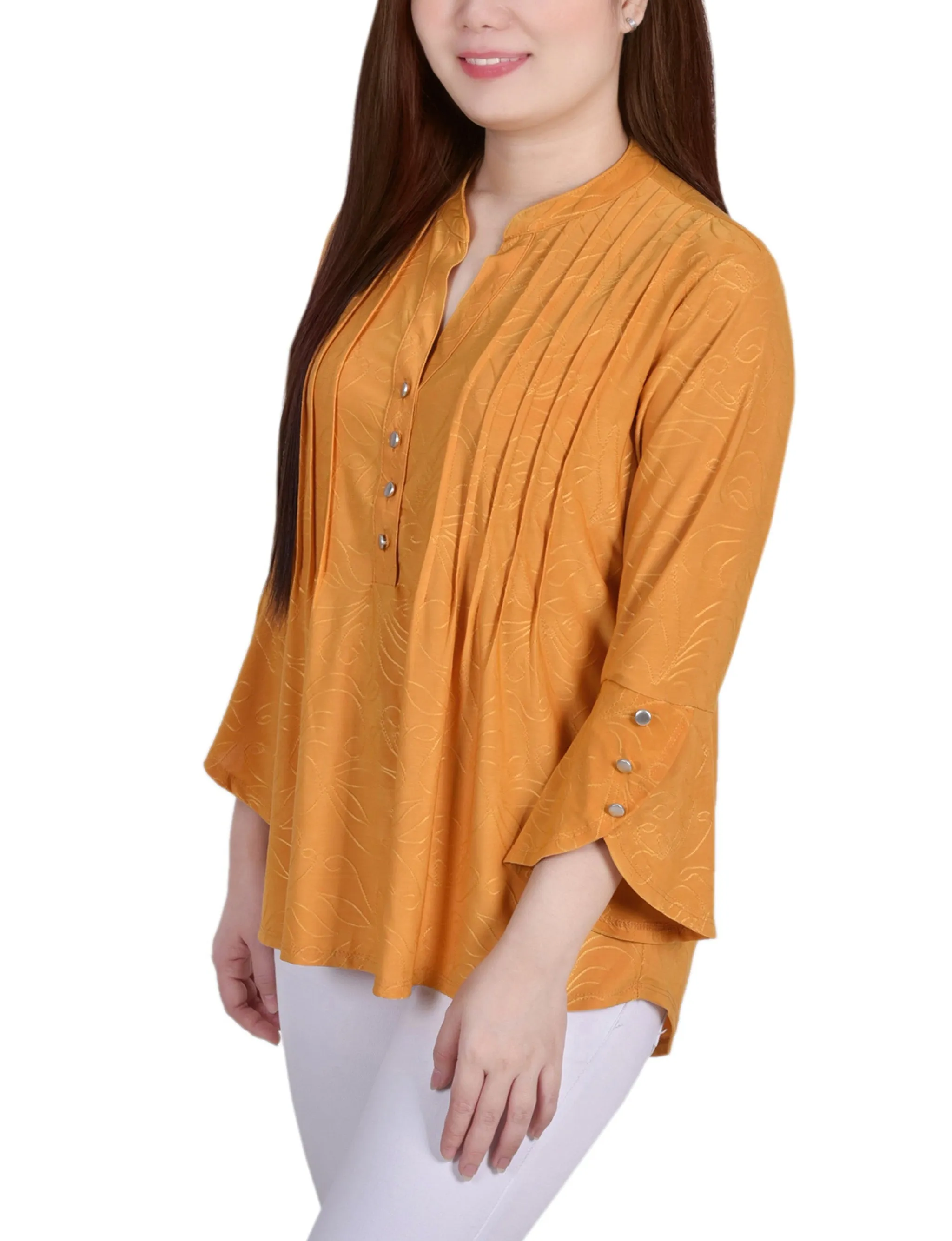 Petite 3/4 Sleeve Overlapped Bell Sleeve Y Neck Top