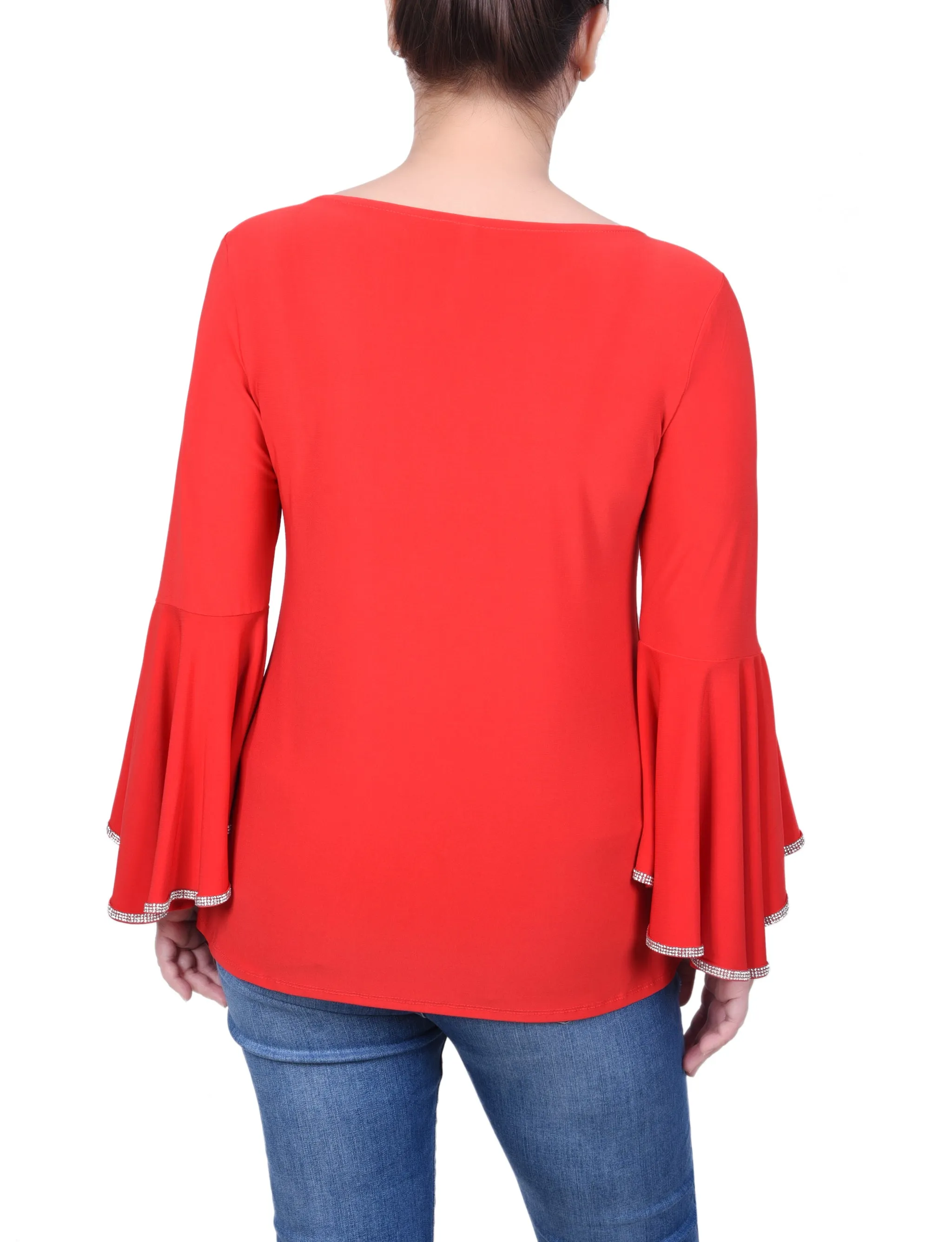 Petite Long Bell Sleeve Tunic Top With Stone Details