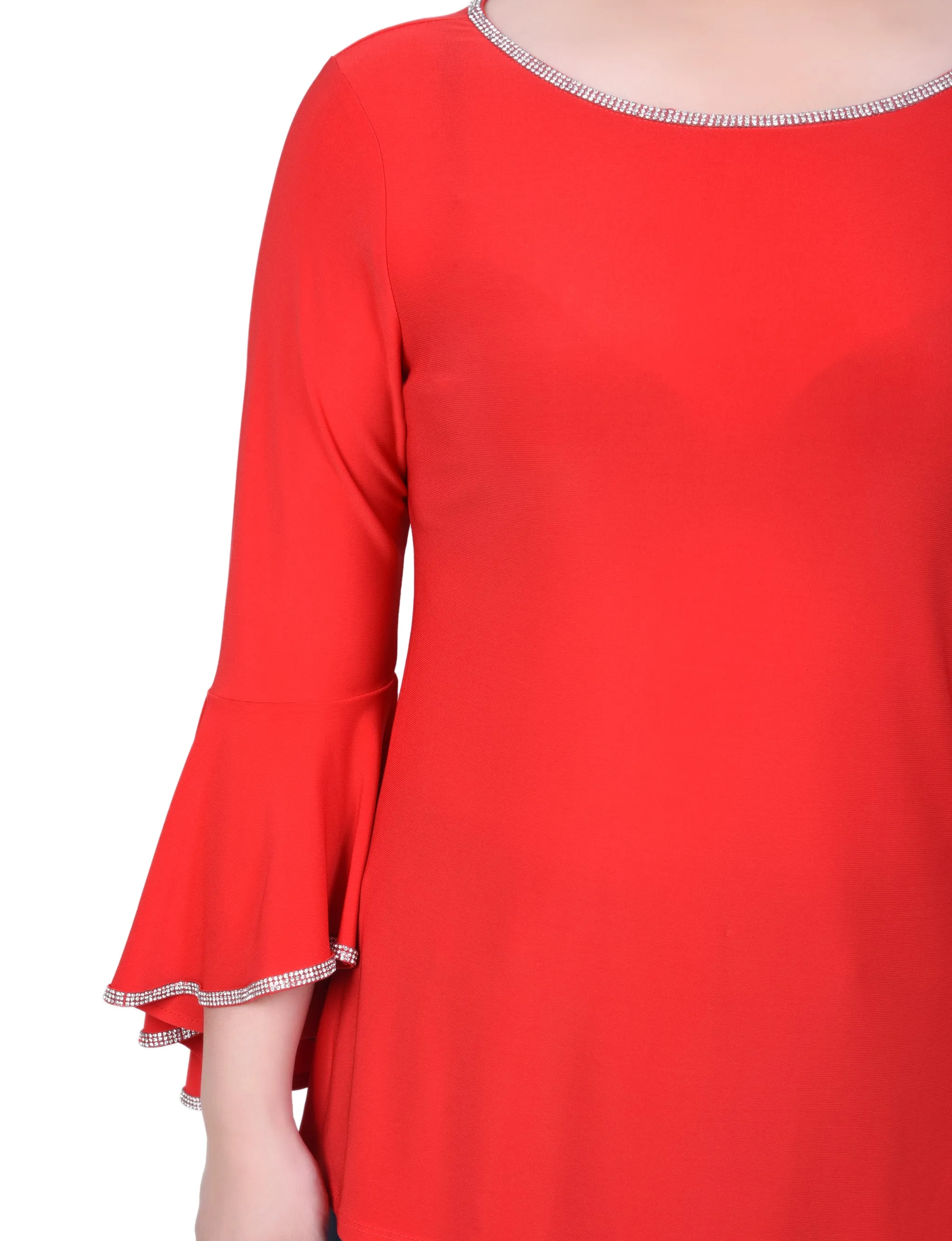 Petite Long Bell Sleeve Tunic Top With Stone Details