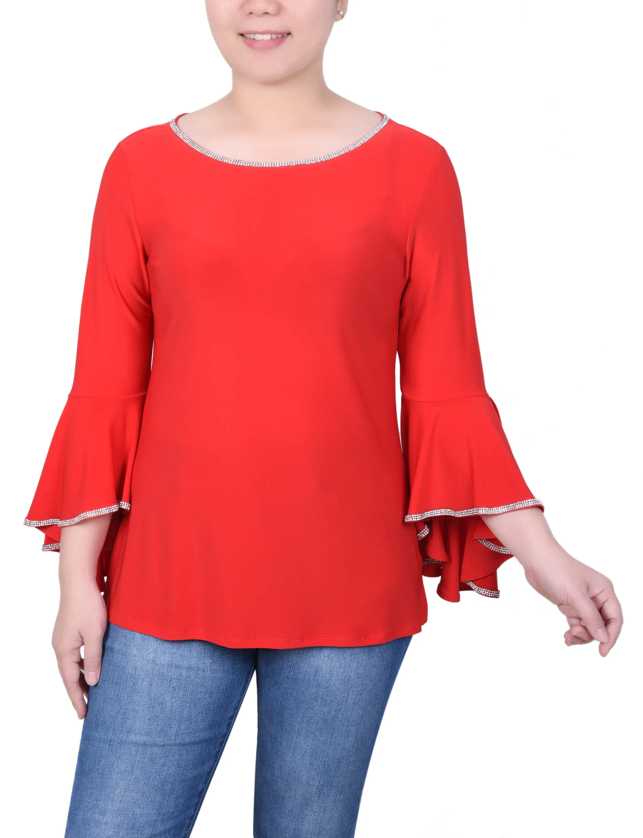 Petite Long Bell Sleeve Tunic Top With Stone Details