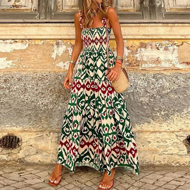 Pleated Bohemian Square Neck High Waist Robe New Summer Floral Print Spaghetti Strap Floral Casual Dress