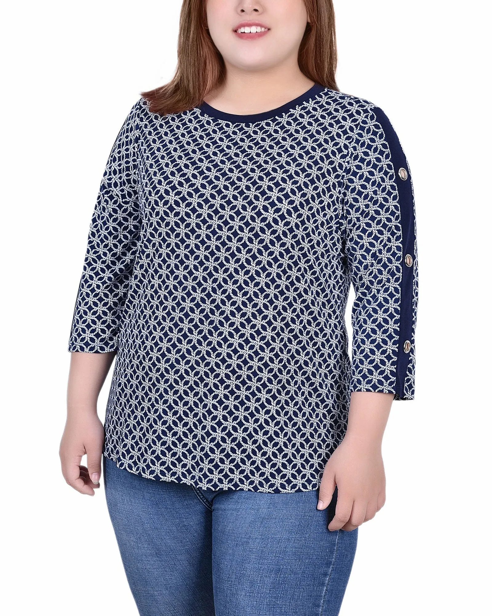 Plus Size 3/4 Sleeve Top With Combo Bands and Grommets