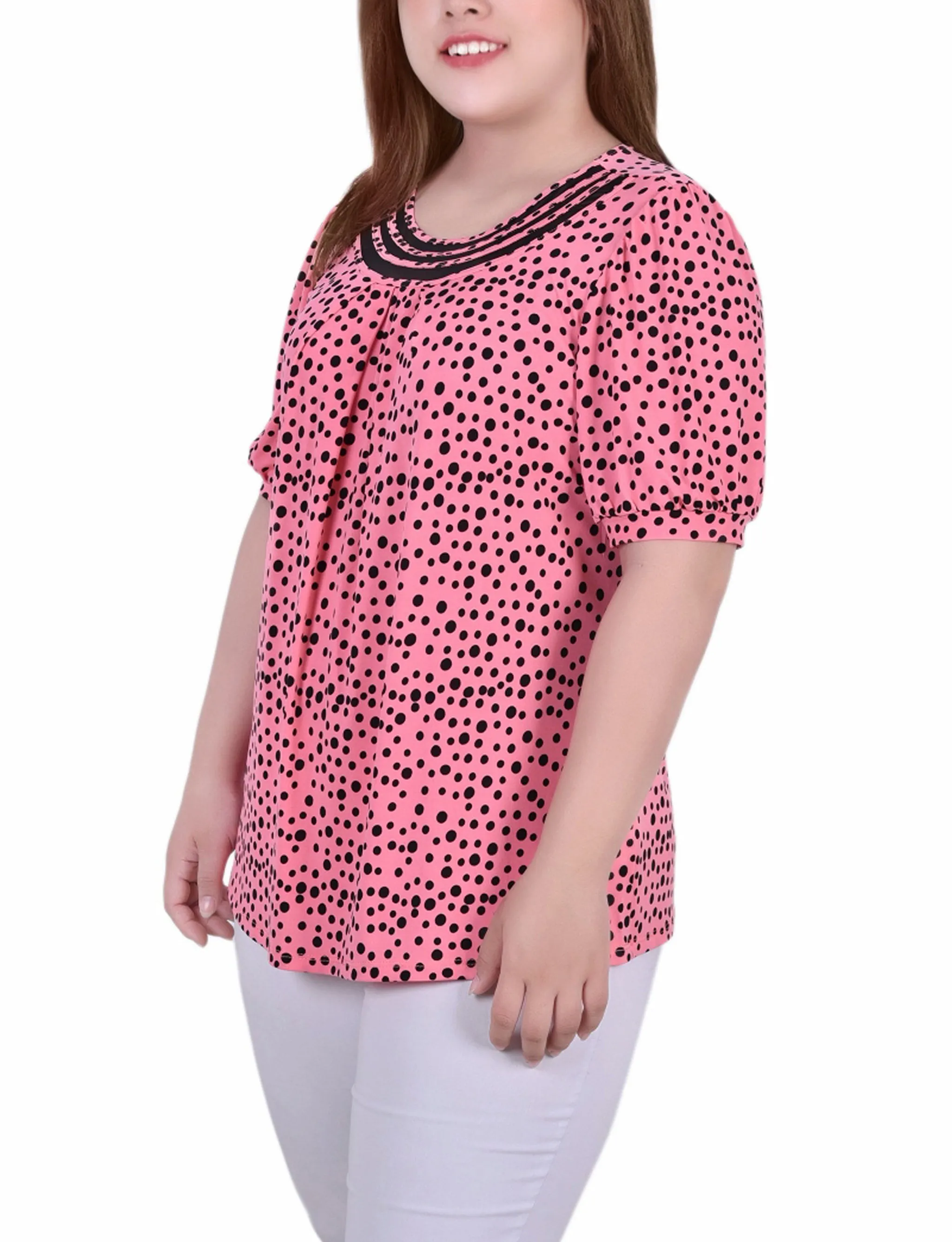 Plus Size Short Puff Sleeve Sheer Inset Top