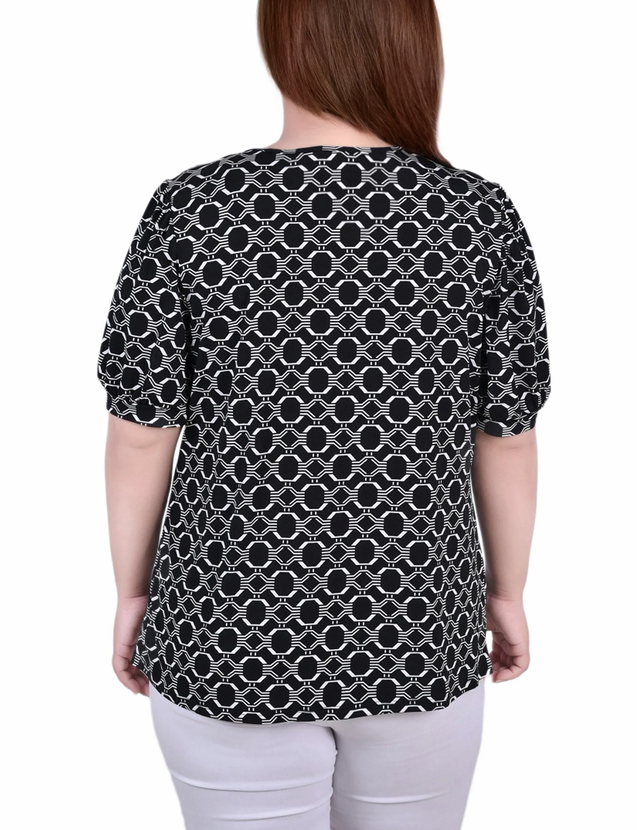 Plus Size Short Puff Sleeve Sheer Inset Top