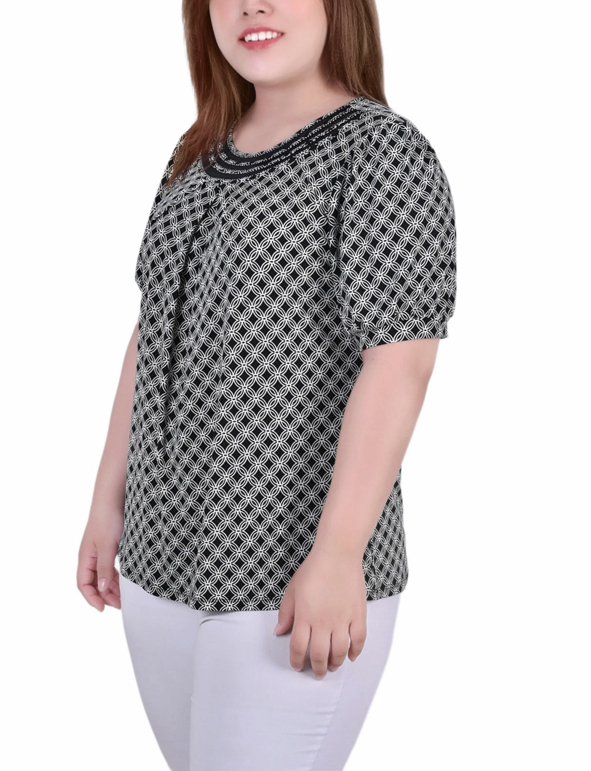 Plus Size Short Puff Sleeve Sheer Inset Top