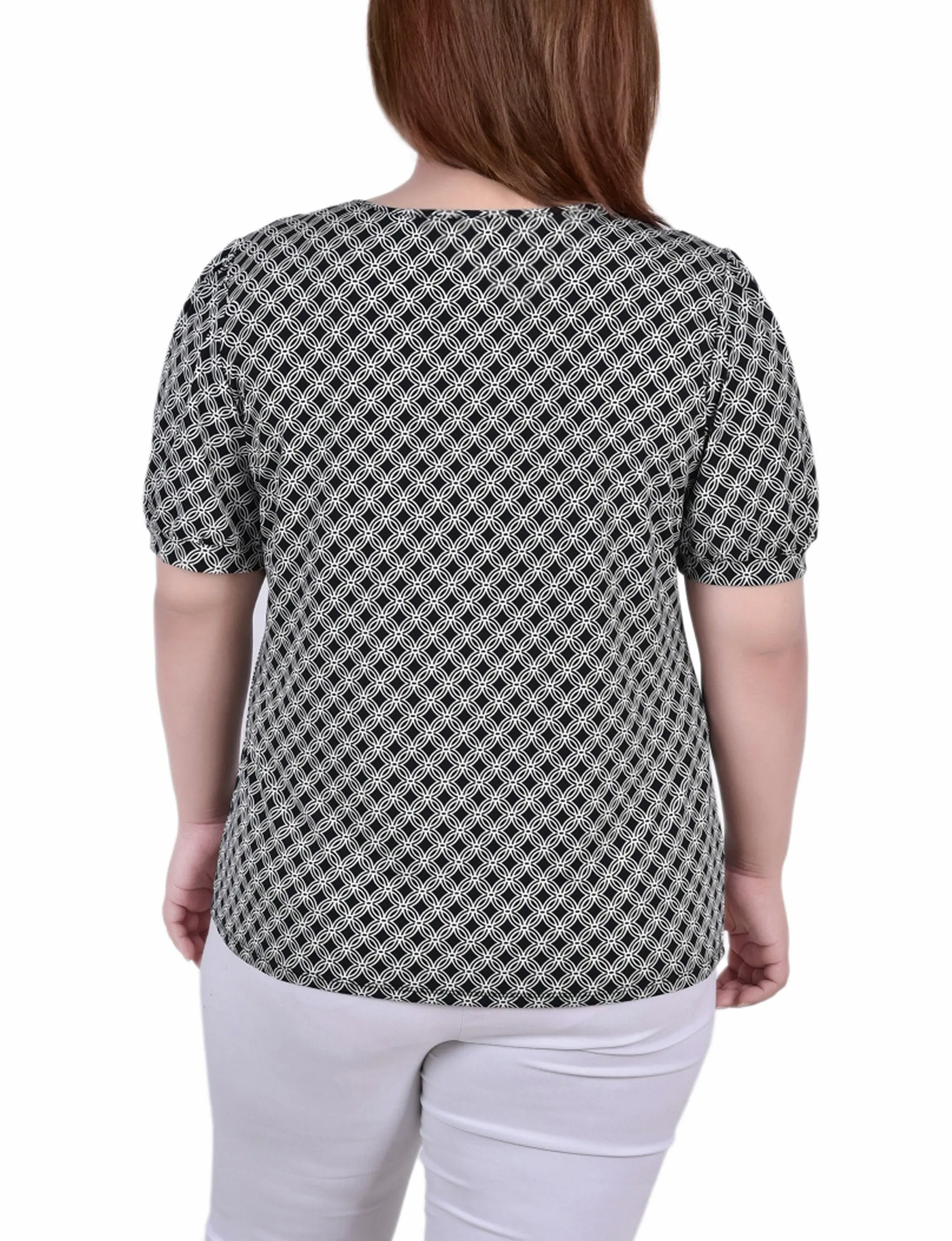 Plus Size Short Puff Sleeve Sheer Inset Top