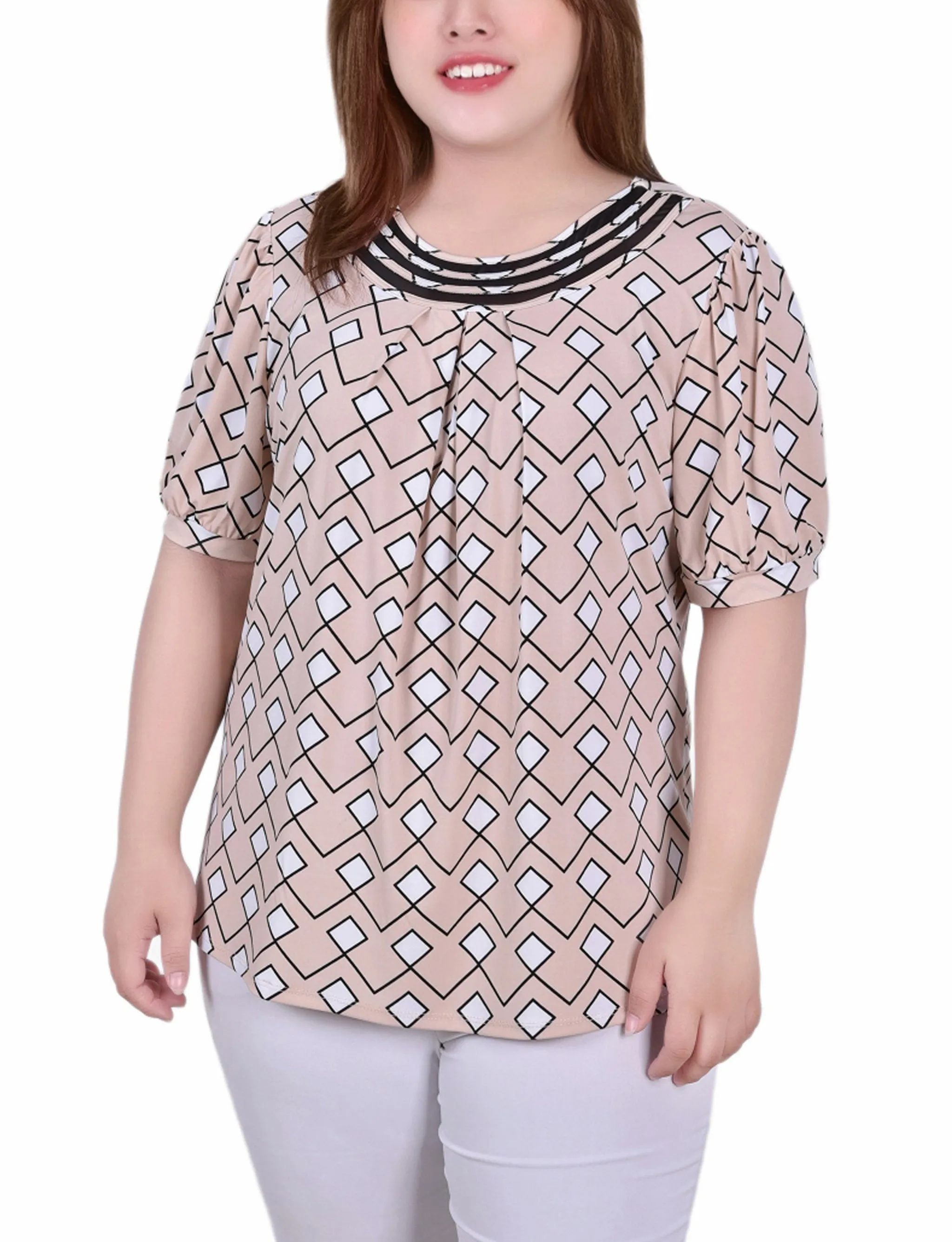 Plus Size Short Puff Sleeve Sheer Inset Top