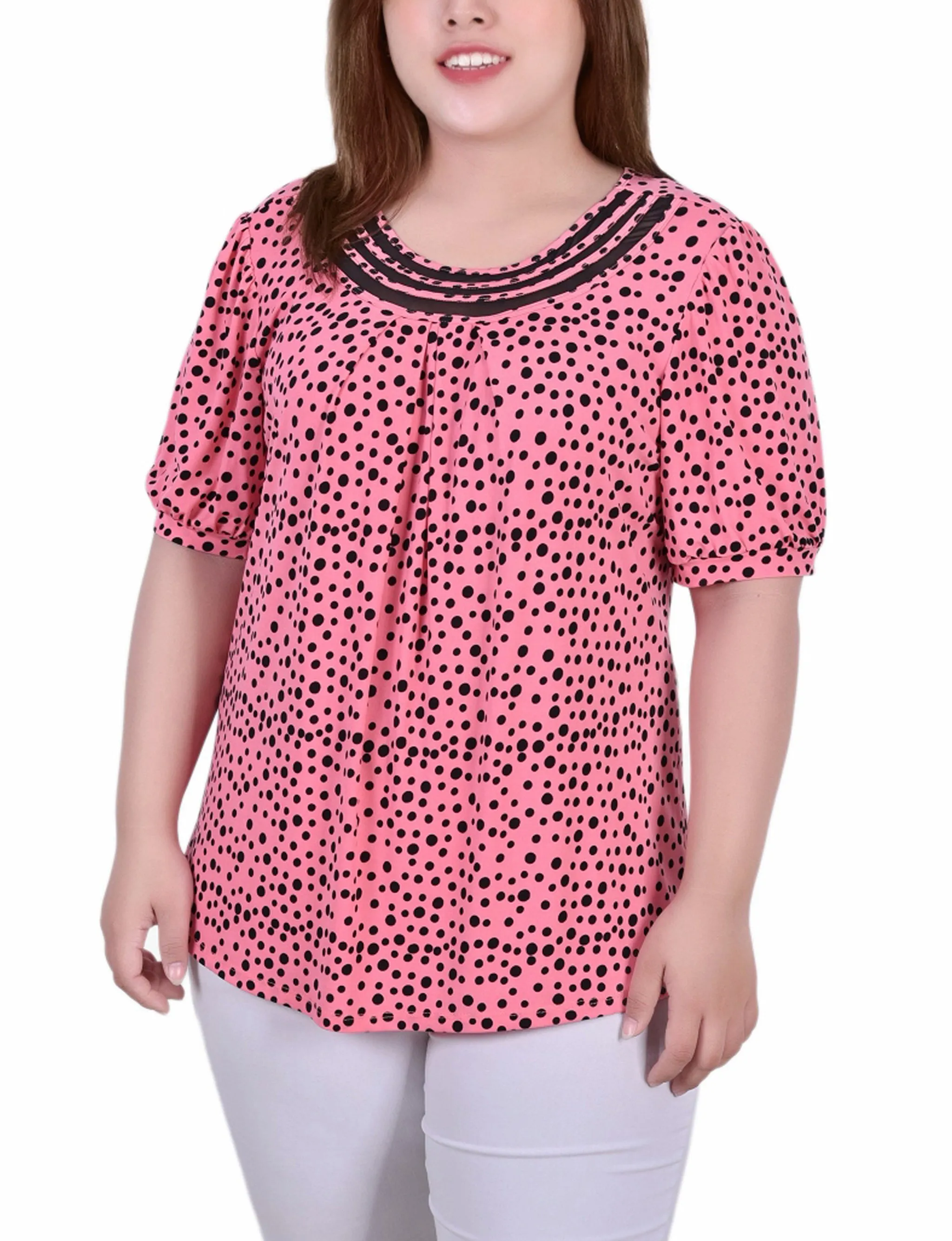 Plus Size Short Puff Sleeve Sheer Inset Top