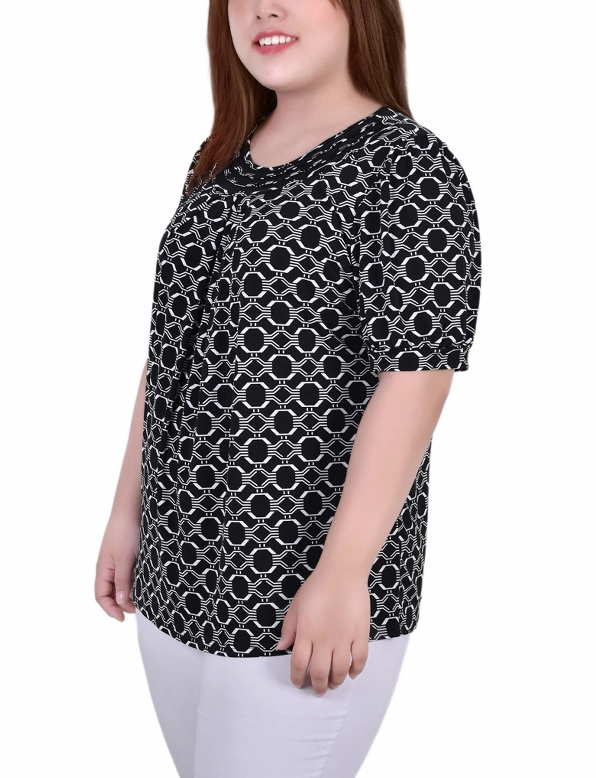 Plus Size Short Puff Sleeve Sheer Inset Top