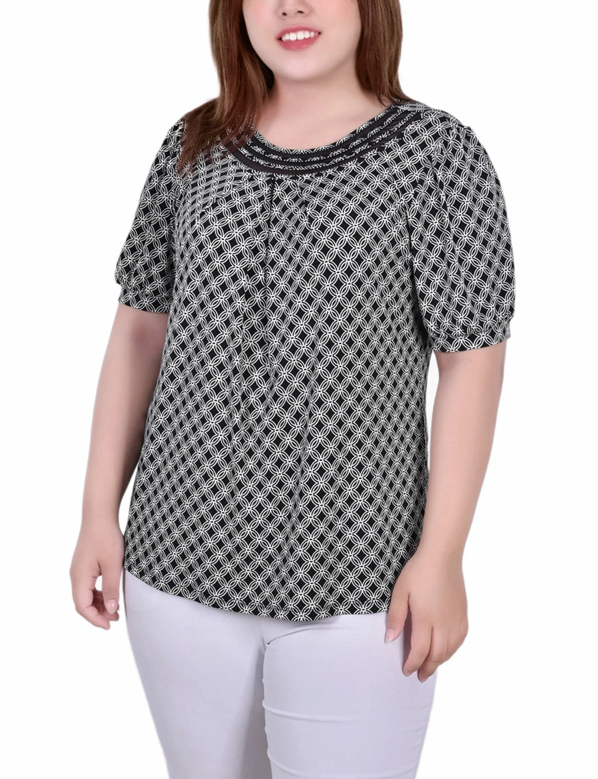 Plus Size Short Puff Sleeve Sheer Inset Top