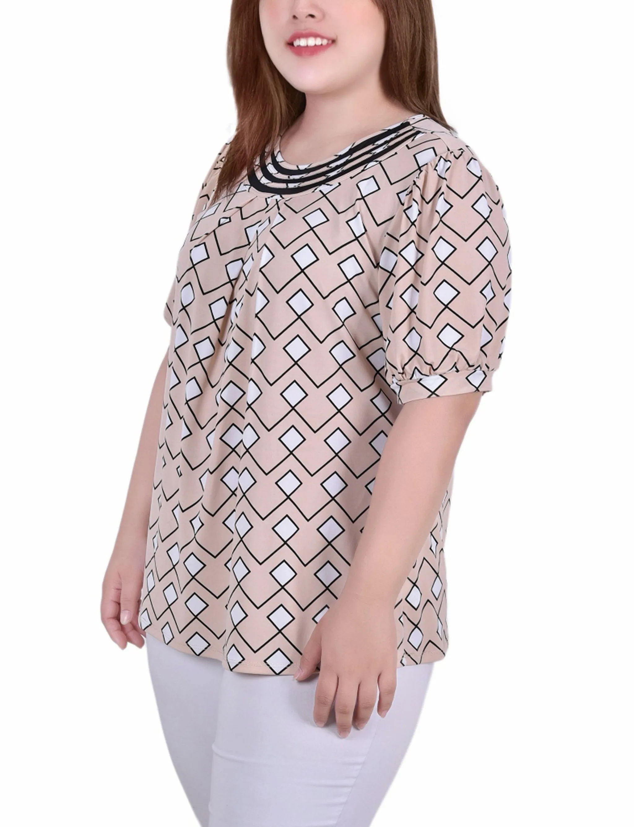 Plus Size Short Puff Sleeve Sheer Inset Top