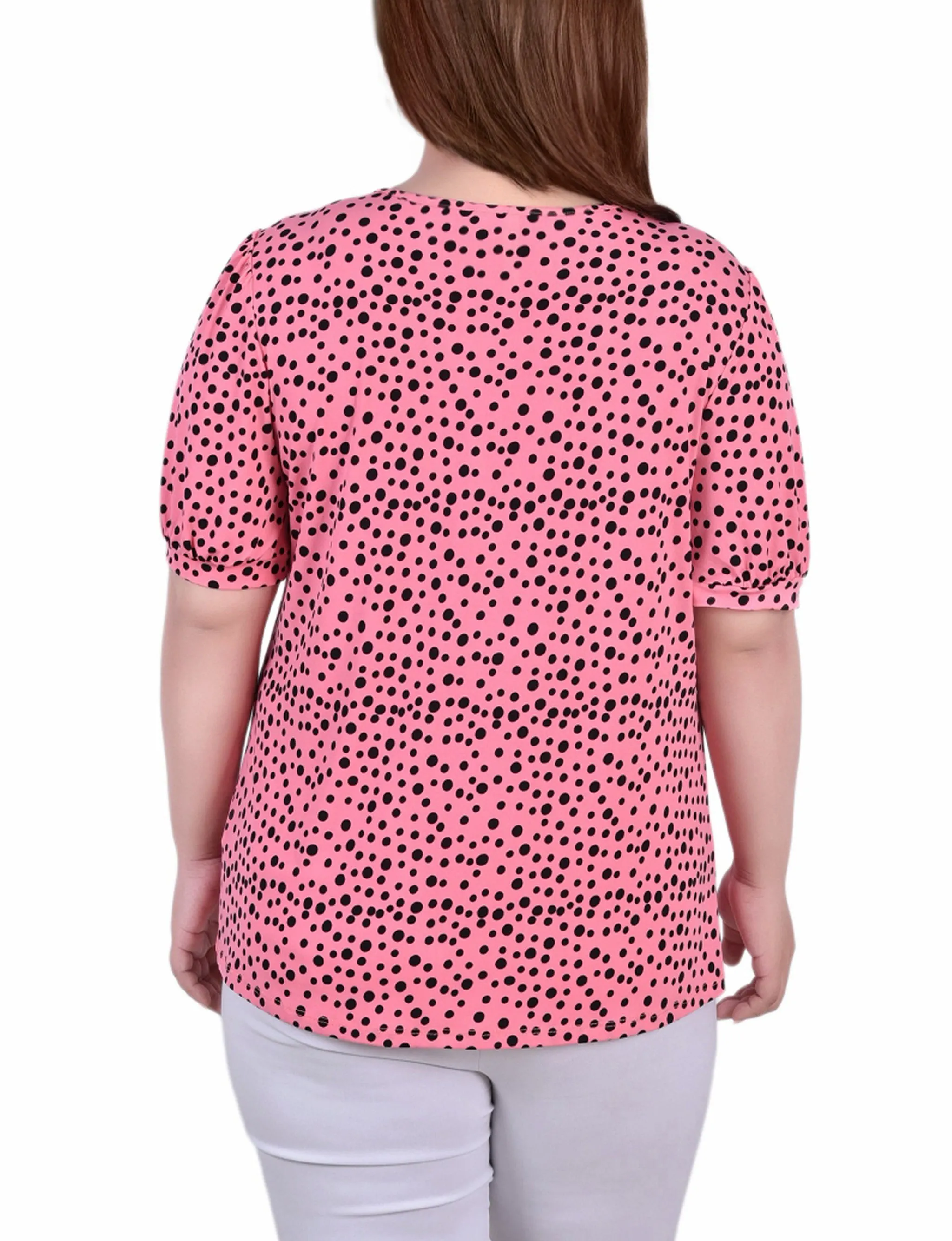 Plus Size Short Puff Sleeve Sheer Inset Top