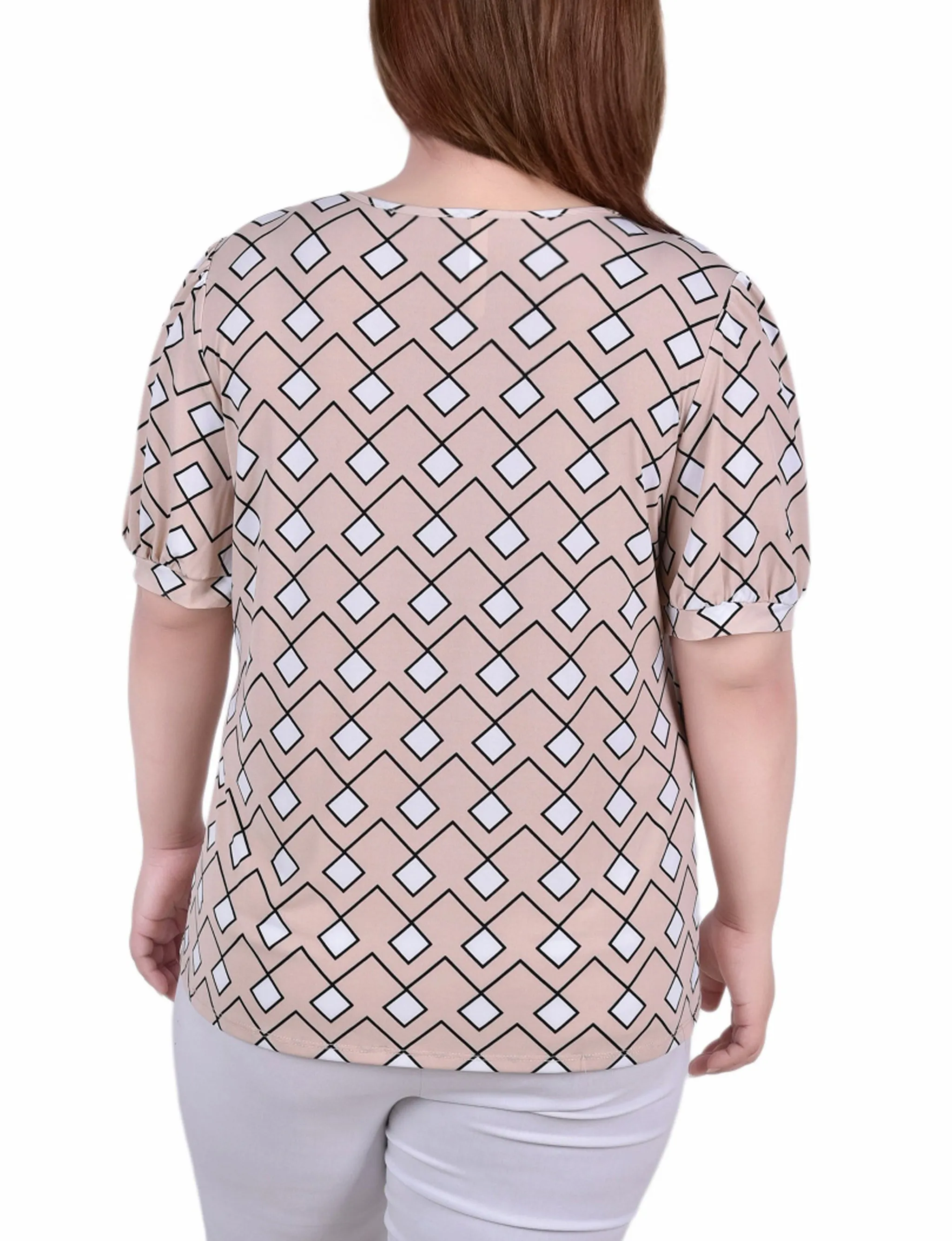 Plus Size Short Puff Sleeve Sheer Inset Top