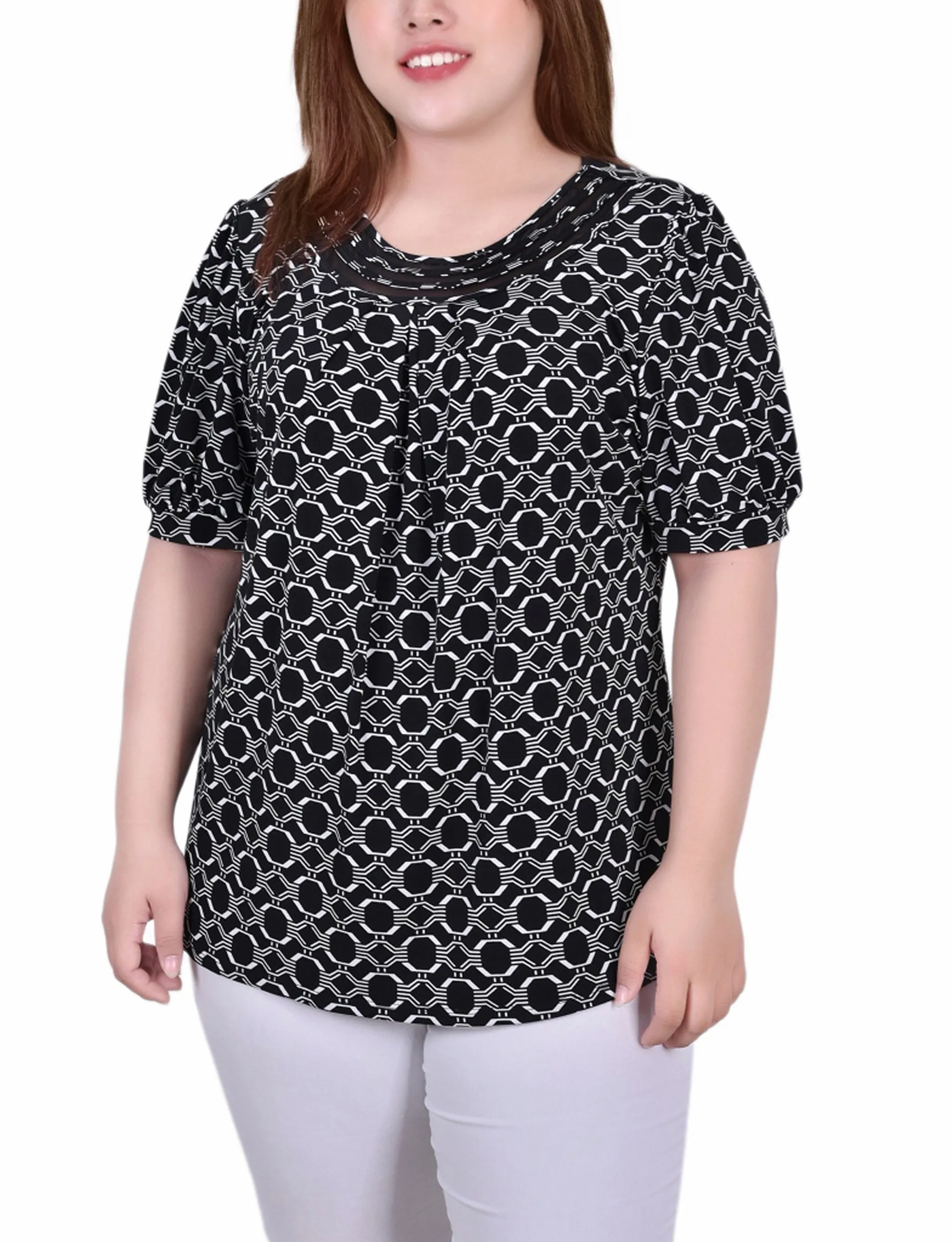 Plus Size Short Puff Sleeve Sheer Inset Top