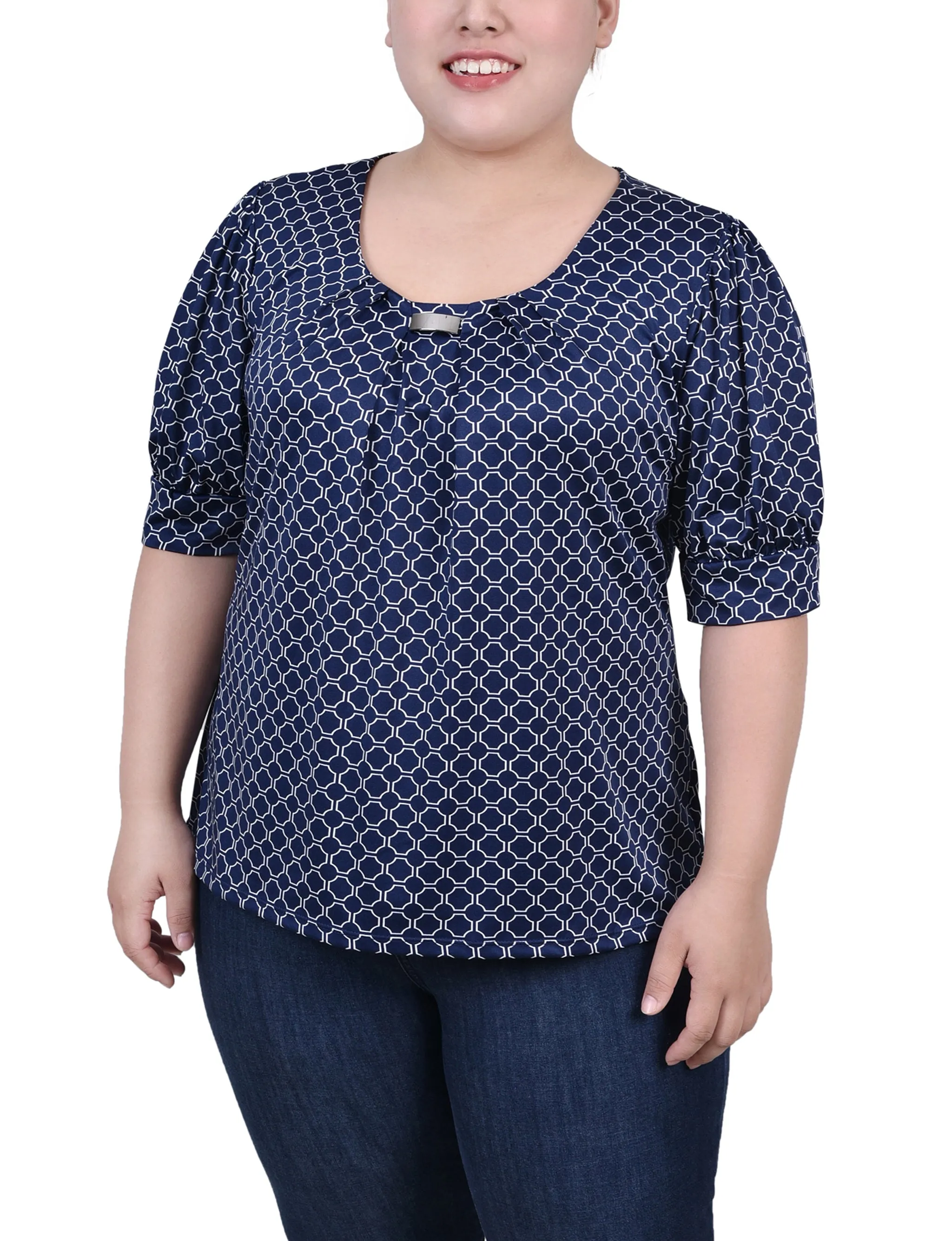 Plus Size Short Sleeve Balloon Sleeve Top With Hardware