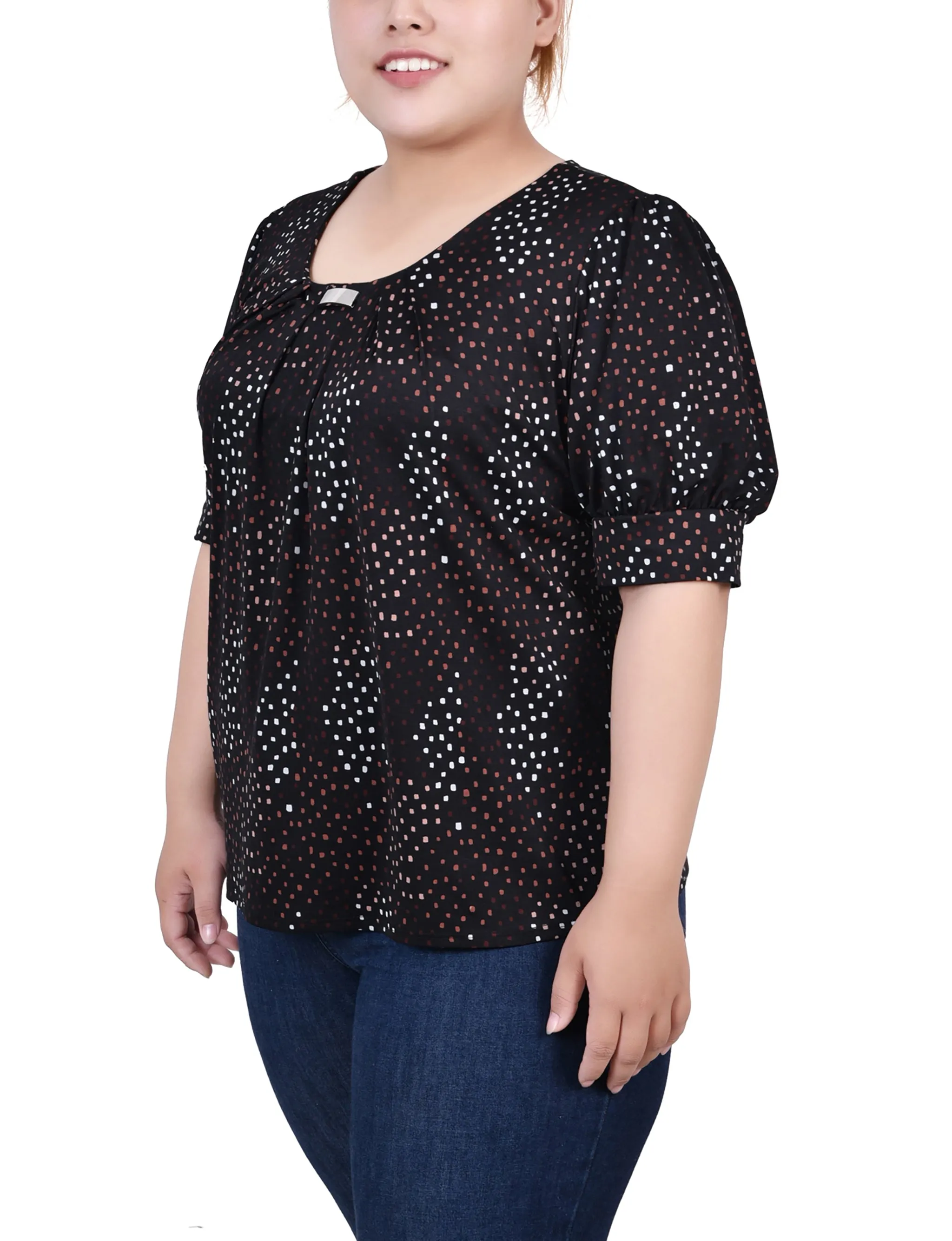 Plus Size Short Sleeve Balloon Sleeve Top With Hardware