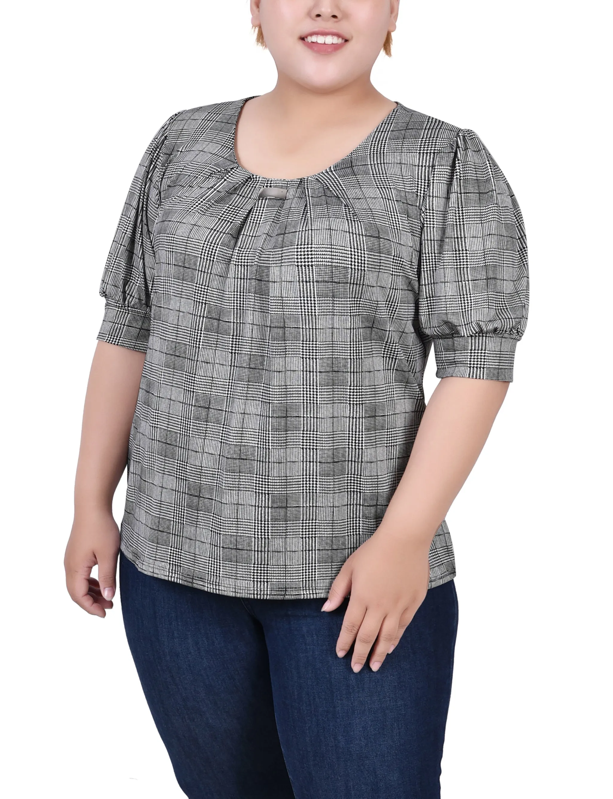 Plus Size Short Sleeve Balloon Sleeve Top With Hardware