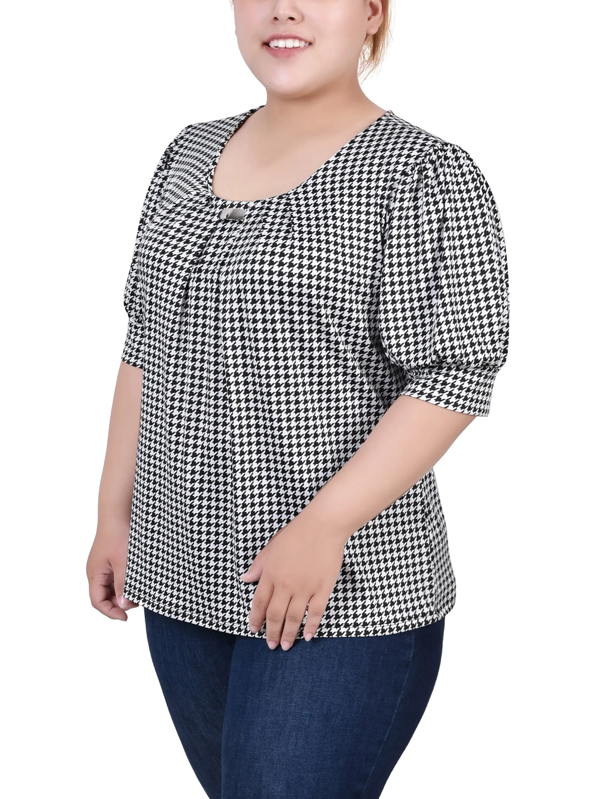 Plus Size Short Sleeve Balloon Sleeve Top With Hardware