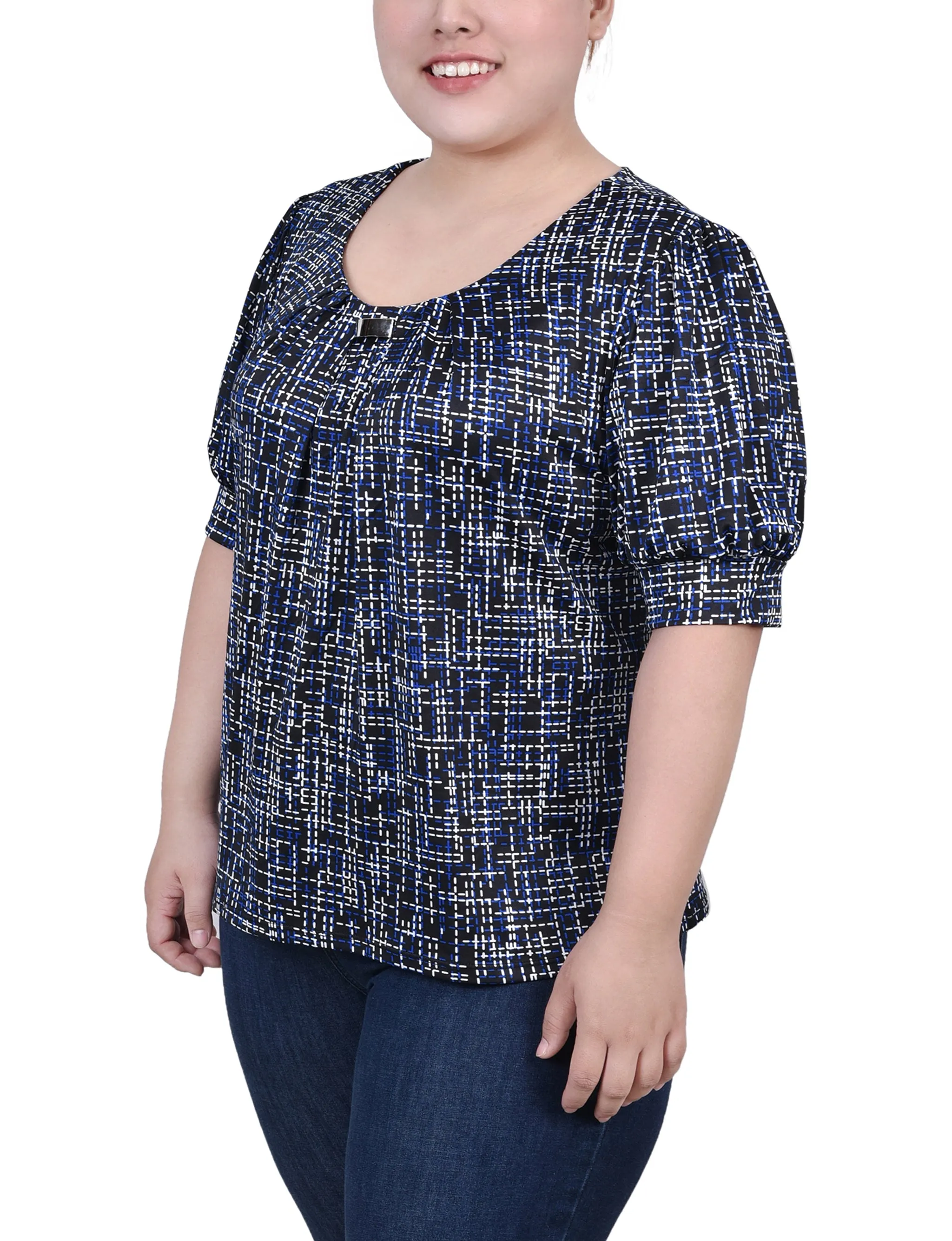 Plus Size Short Sleeve Balloon Sleeve Top With Hardware