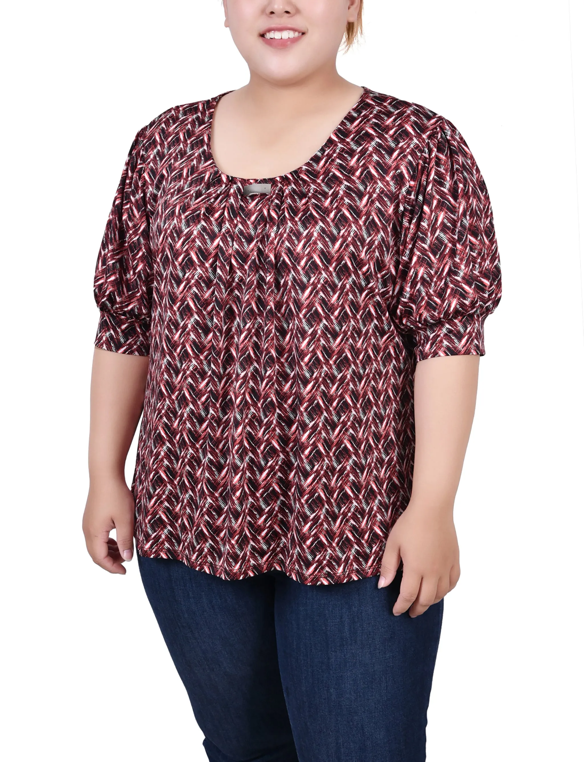 Plus Size Short Sleeve Balloon Sleeve Top With Hardware