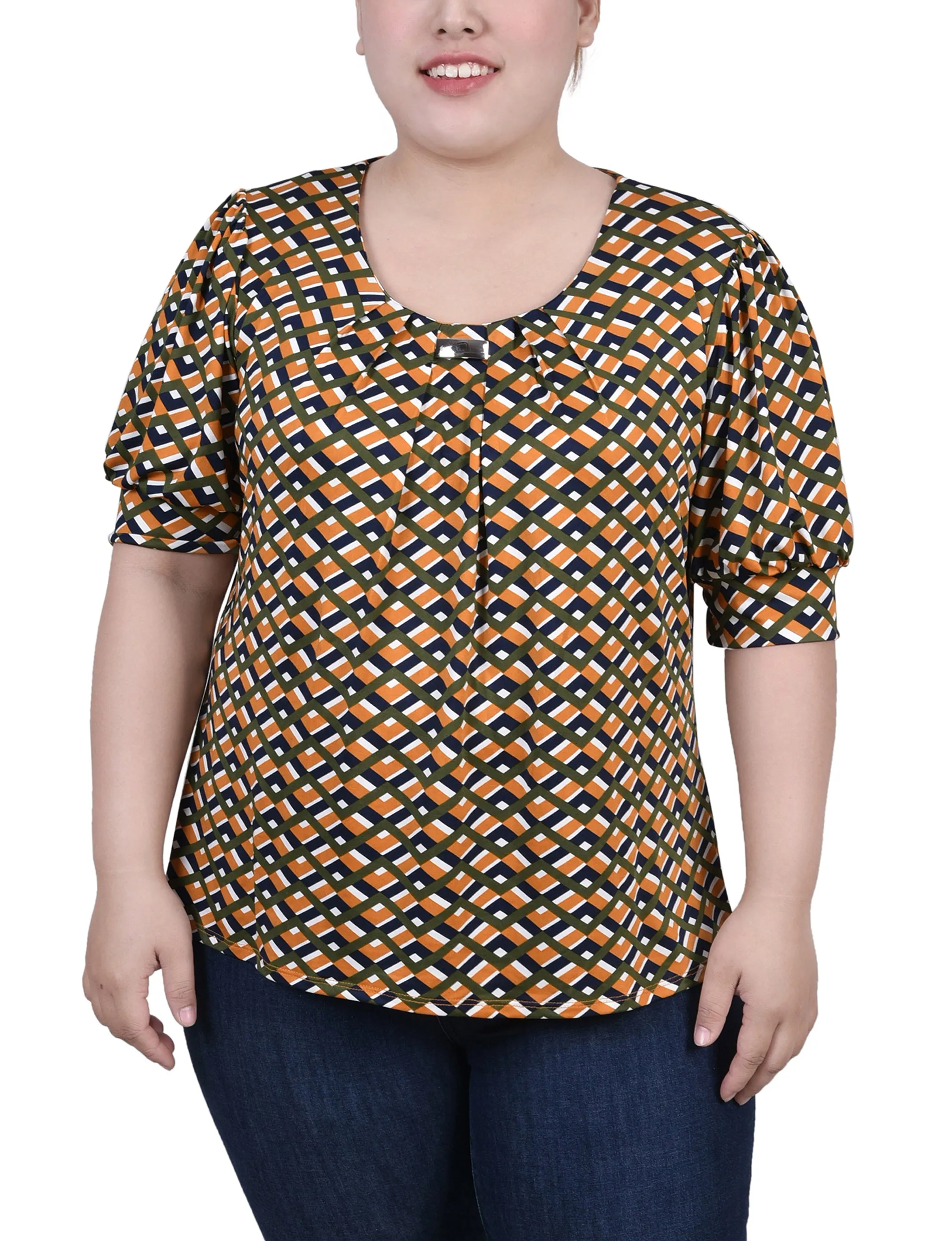 Plus Size Short Sleeve Balloon Sleeve Top With Hardware