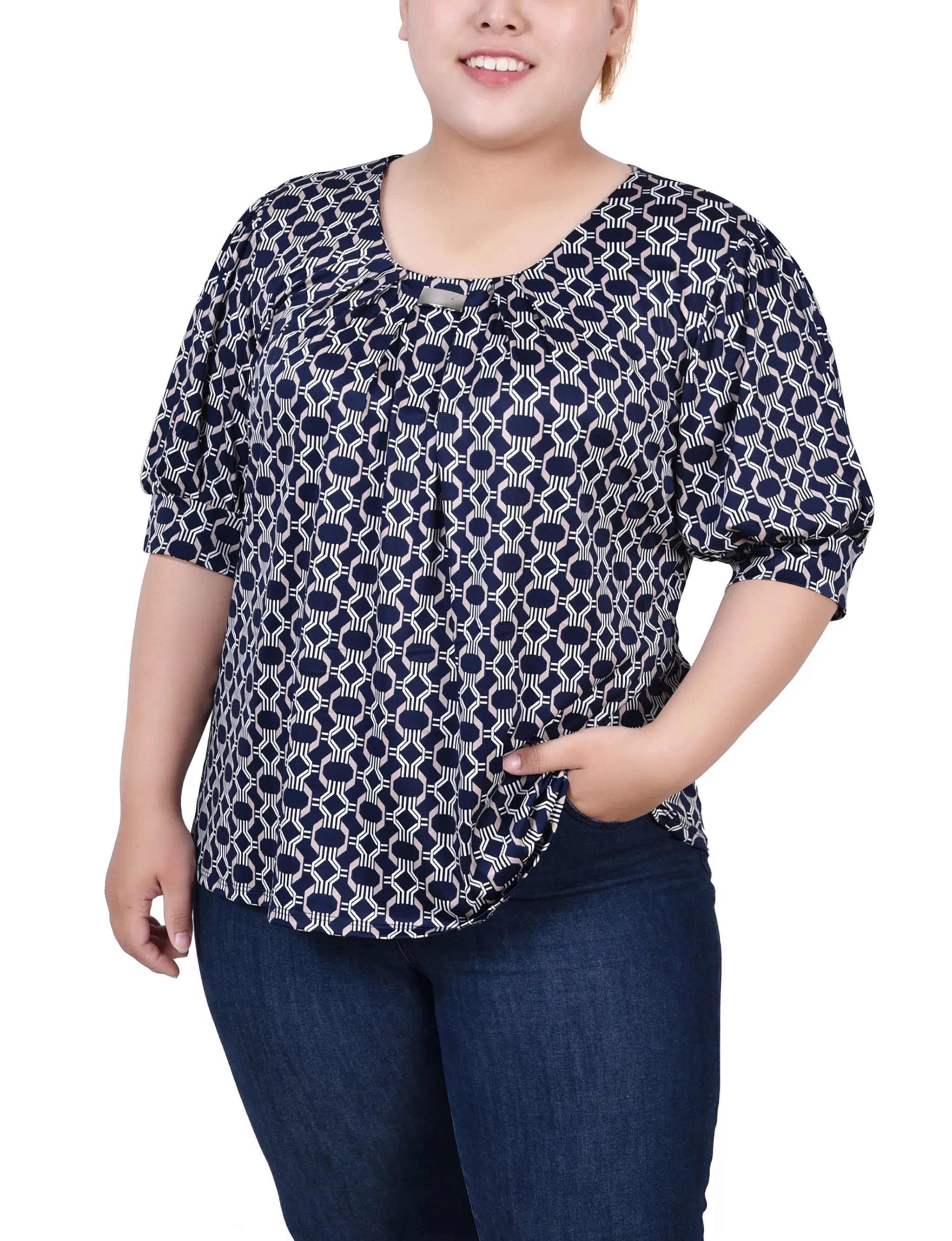 Plus Size Short Sleeve Balloon Sleeve Top With Hardware