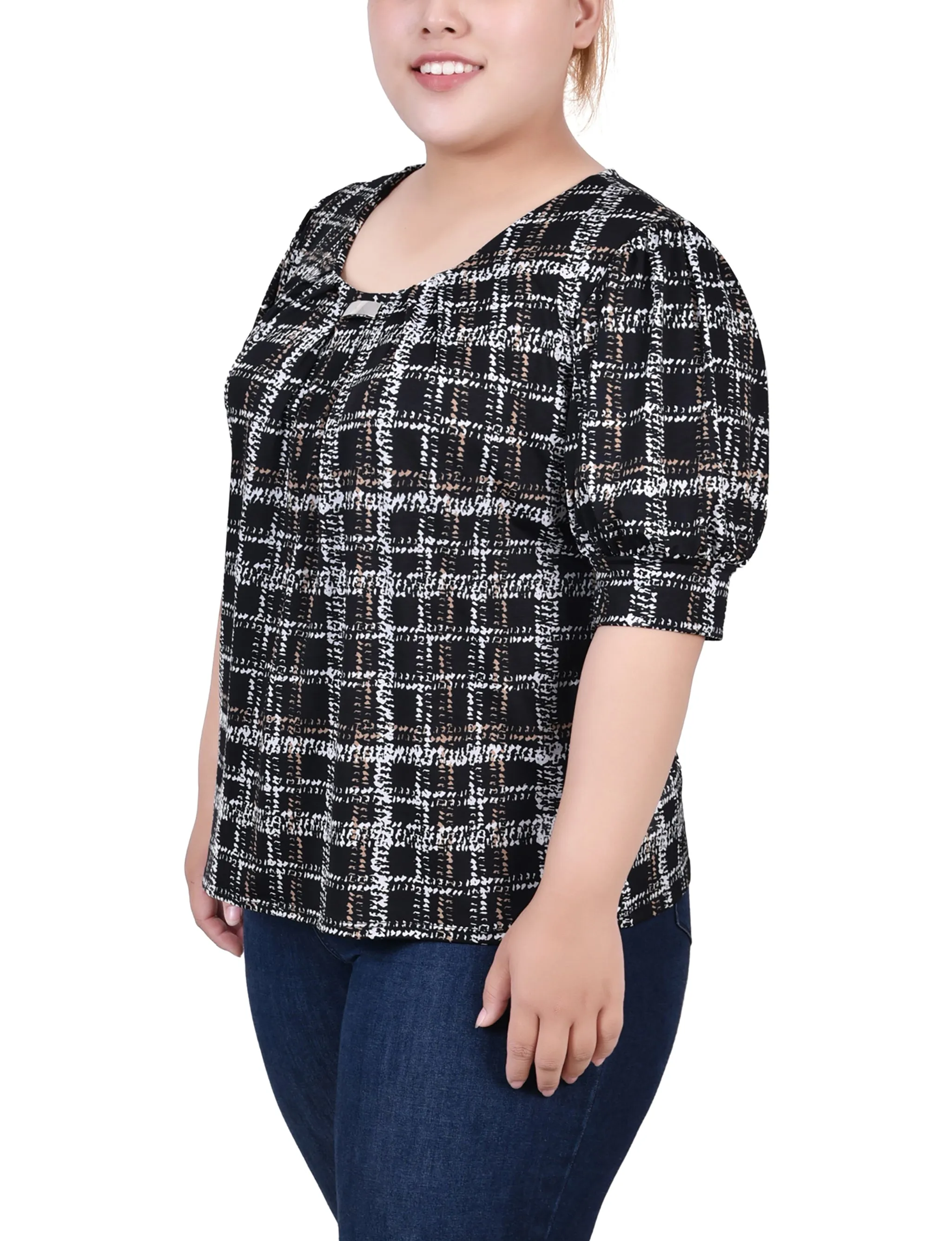 Plus Size Short Sleeve Balloon Sleeve Top With Hardware