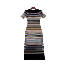 Pre Order:  Color Stripes Round Neck Short Sleeved Knitted Dress