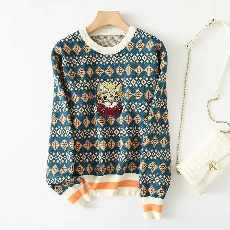 Pre Order:  Queen Cat Embroidery Long Sleeved Sweater