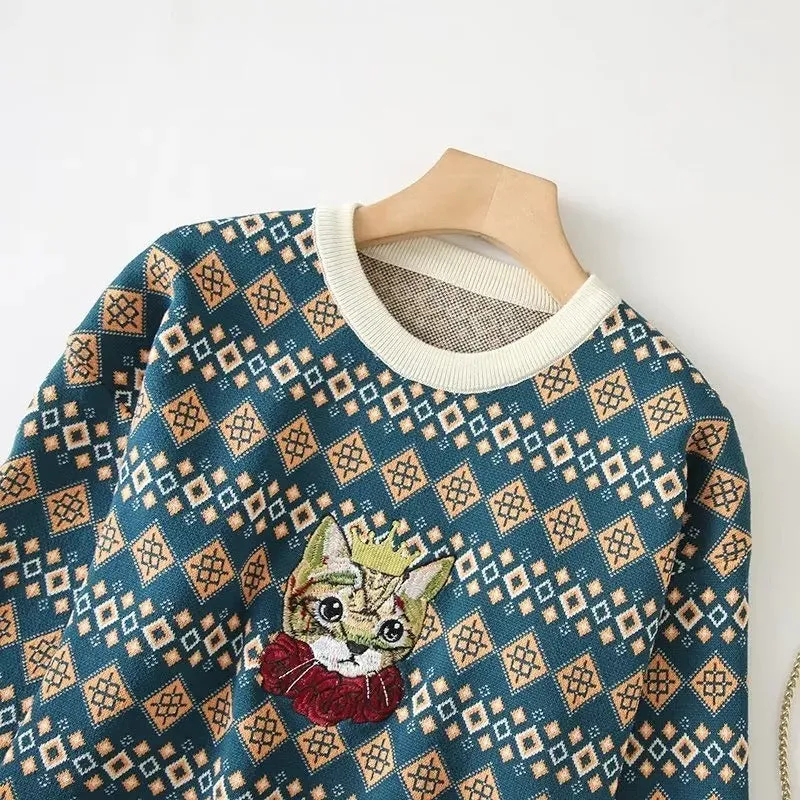 Pre Order:  Queen Cat Embroidery Long Sleeved Sweater