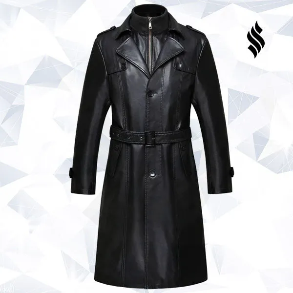 Sheepskin Men Long Leather Trench Coat