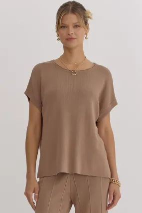 Solid Ribbed Round Neck Short Sleeve Top