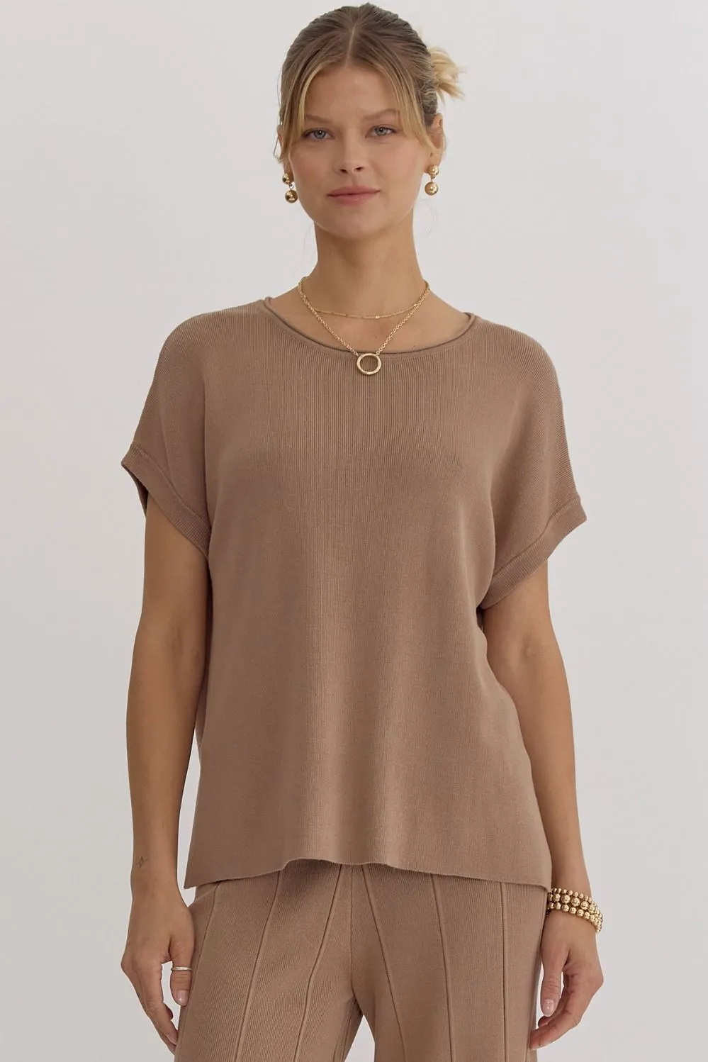 Solid Ribbed Round Neck Short Sleeve Top