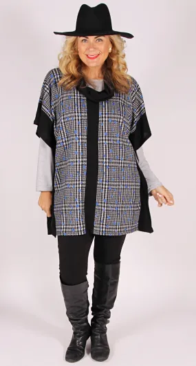 Spliced Poncho Style Top Charcoal Check