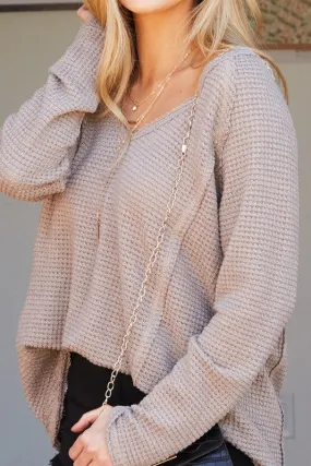 Taupe Waffle-Knit V-Neck Top